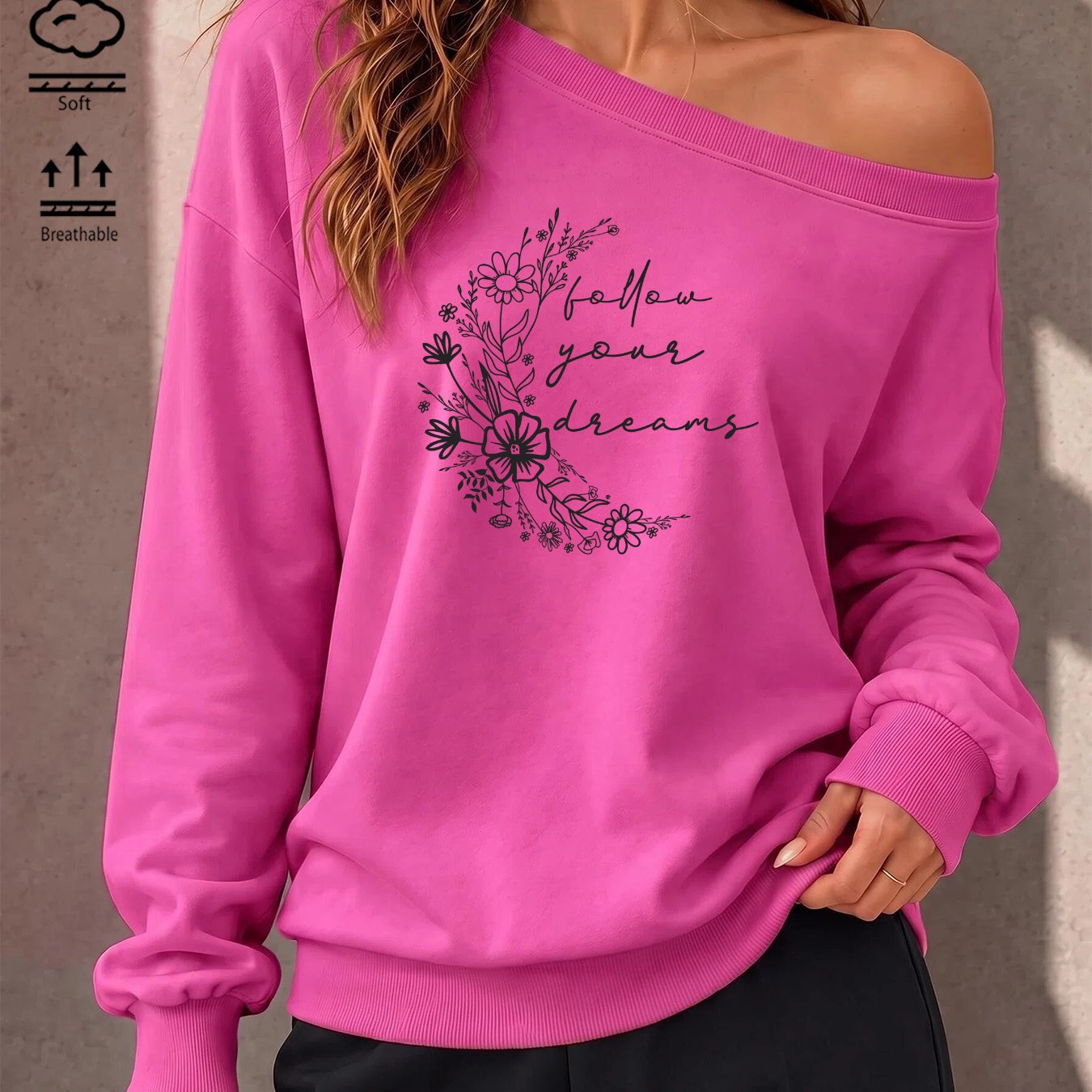 Image of Autumn Women's Asymmetric Off-shoulder Long-sleeve Y2k Sweatshirt With Retro Moon & Floral Print, Casual Loose Pullover
