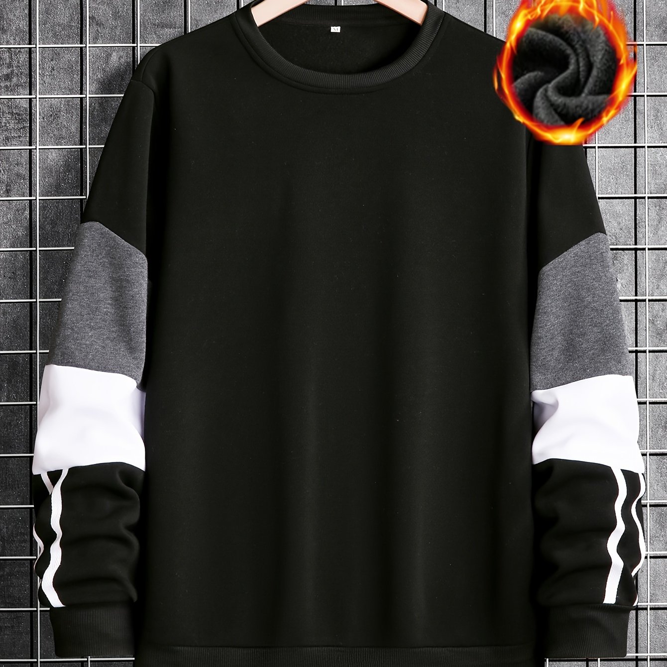 TEMU Men's Color Block Pullover Sweatshirt, Stylish Fleece Lined Sweatshirt For Spring & Autumn Daily Life