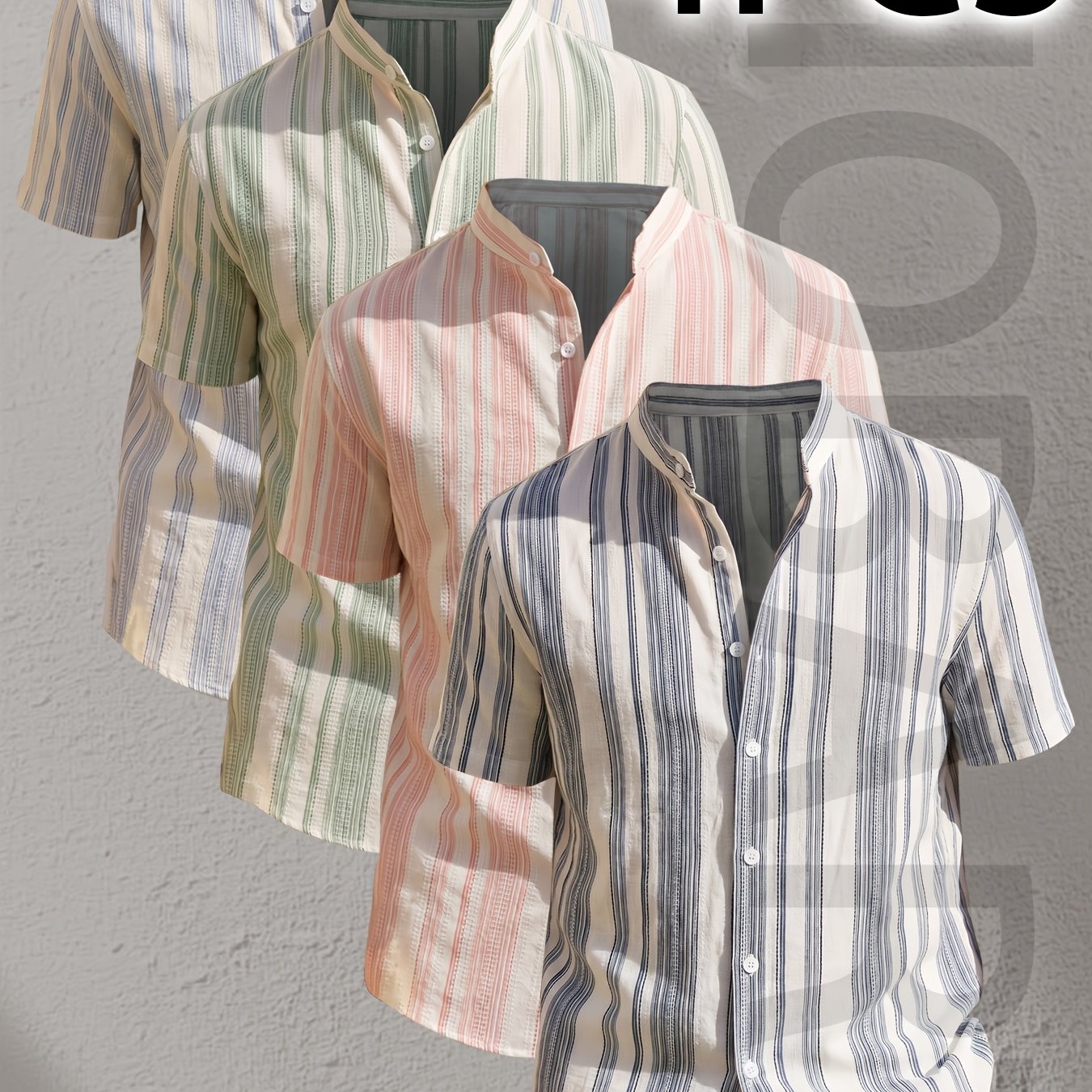 TEMU ['s Obm] 4pcs Men's Summer Striped Short Sleeve Shirts - Lightweight Breathable Solid Color Button-up Casual Shirts With Stand Collar, Machine