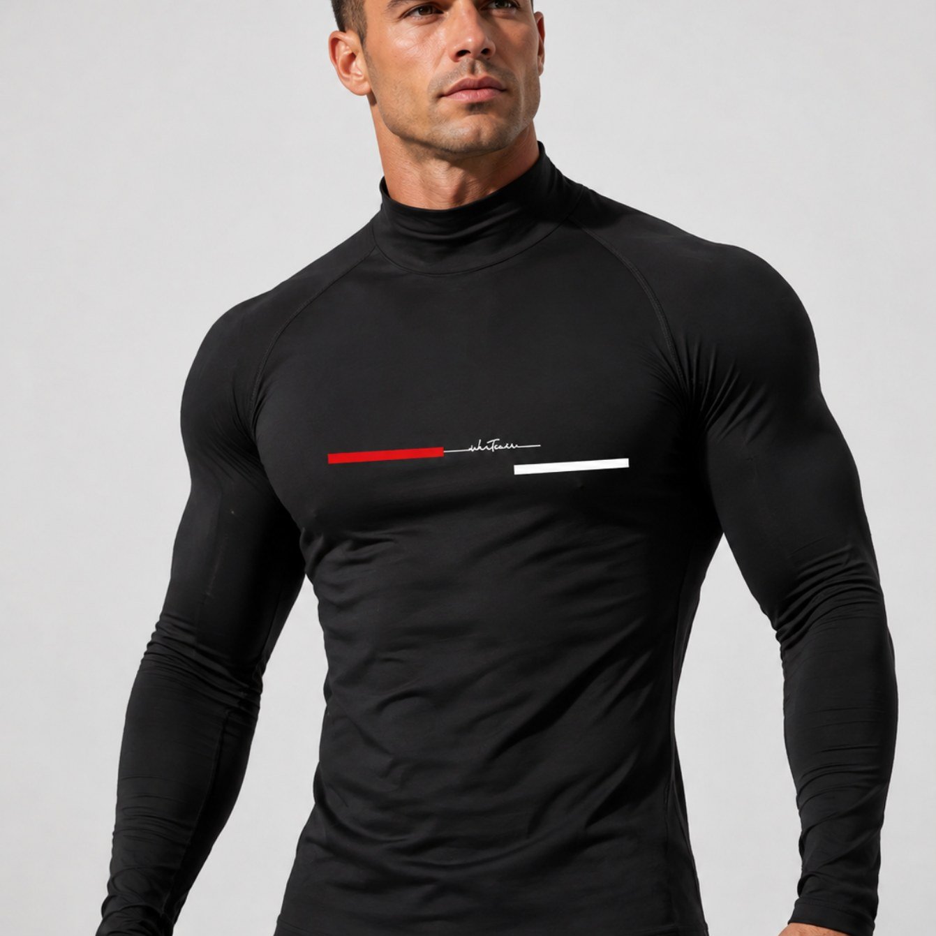 TEMU Men's Black Mock Neck Long Sleeve Athletic Top, Slim Fit Raglan Seam Workout Shirt With Red White Chest Print