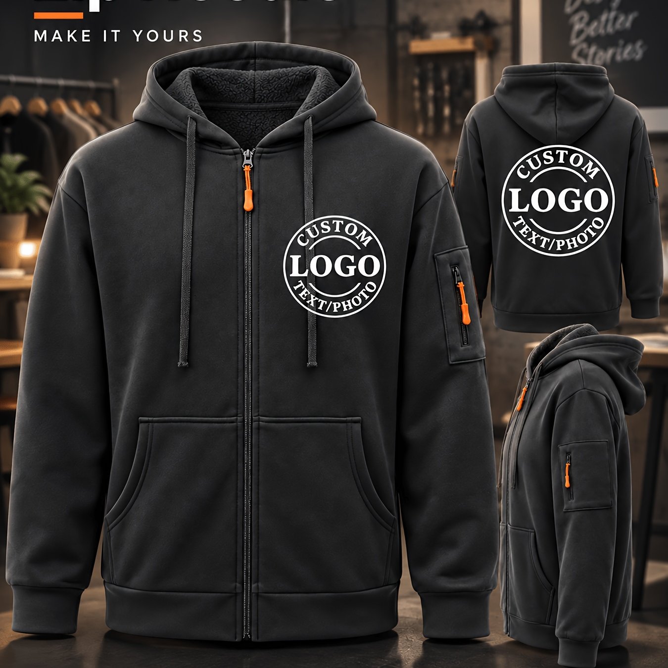 TEMU Halloween Christmas Personalized Men's Work Jacket, Logo Name Photo Customization, Knit Fleece Lined Full Zip Hooded Coat, Contrast Color