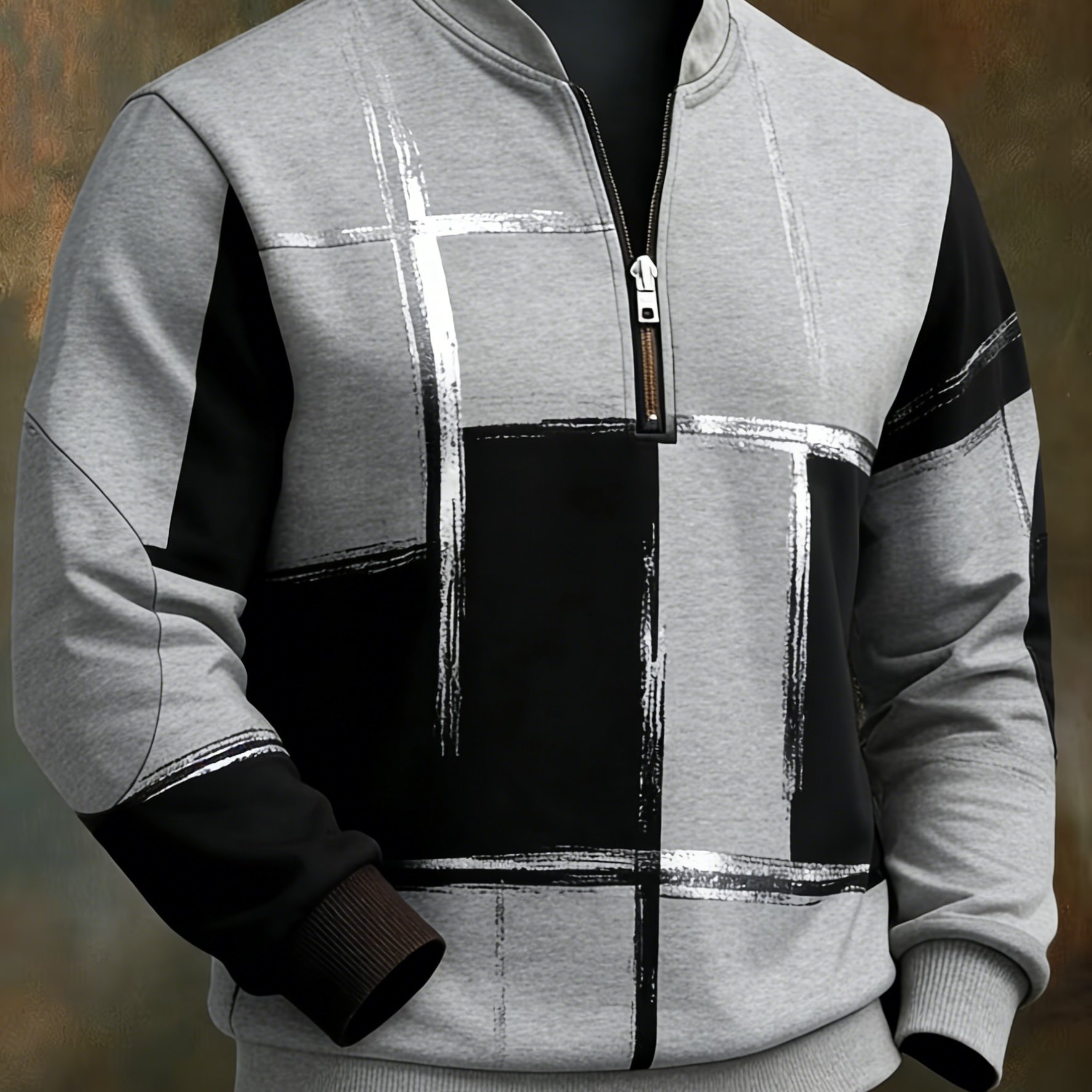 TEMU Plus Size Men's Brown And Beige Color Block Graffiti Check Half-zip Stand Collar Sweatshirt- Suitable For , Casual , Plus Size