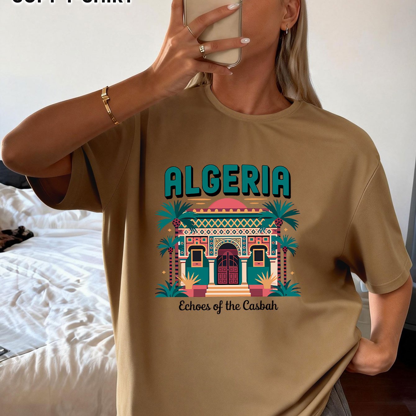 TEMU Y2k Style Women's Summer Casual Athletic Short Sleeve Round Neck T-shirt, Printed With "algeria" Lettering And Unique Buildings, Palm Trees,