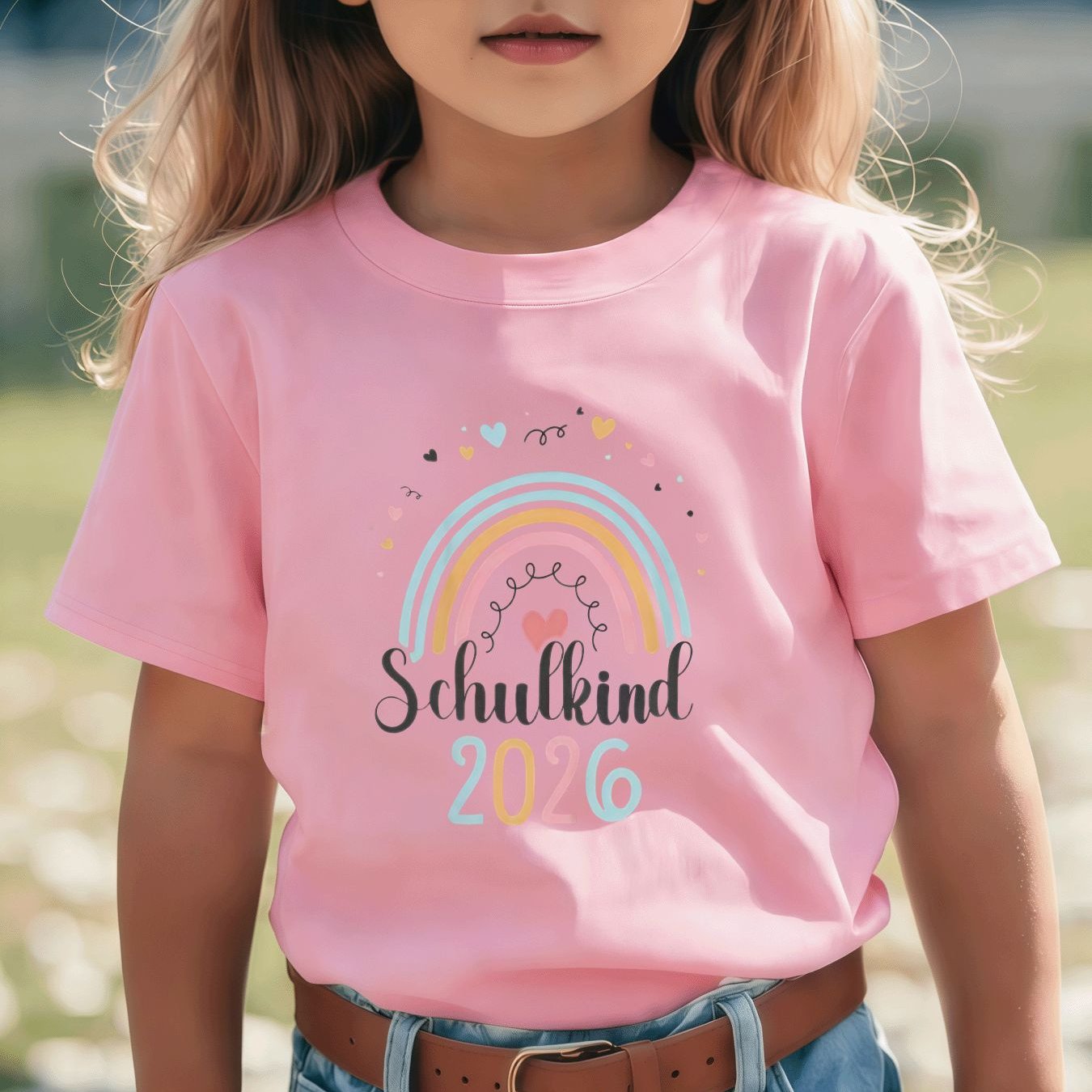 Image of Colorful Whimsical Design Kids' T-shirt For Girls And Boys - Center Rainbow Pattern With Decor, Fashionable Style, Perfect For Back-to- 2026, Showcasing A Atmosphere