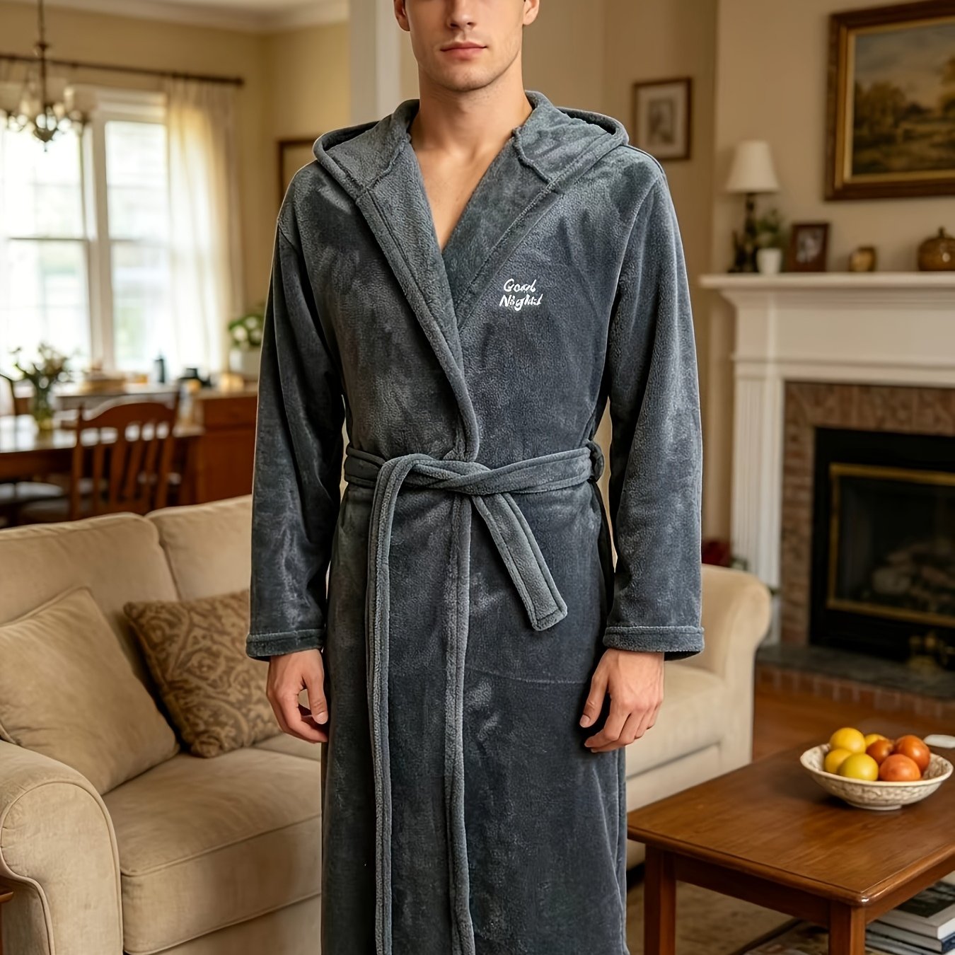 TEMU Men's Hooded Bathrobe, Long Sleeve Embroidered Plush Robe, Soft Warm Loungewear For Autumn Winter, Nightwear With Be