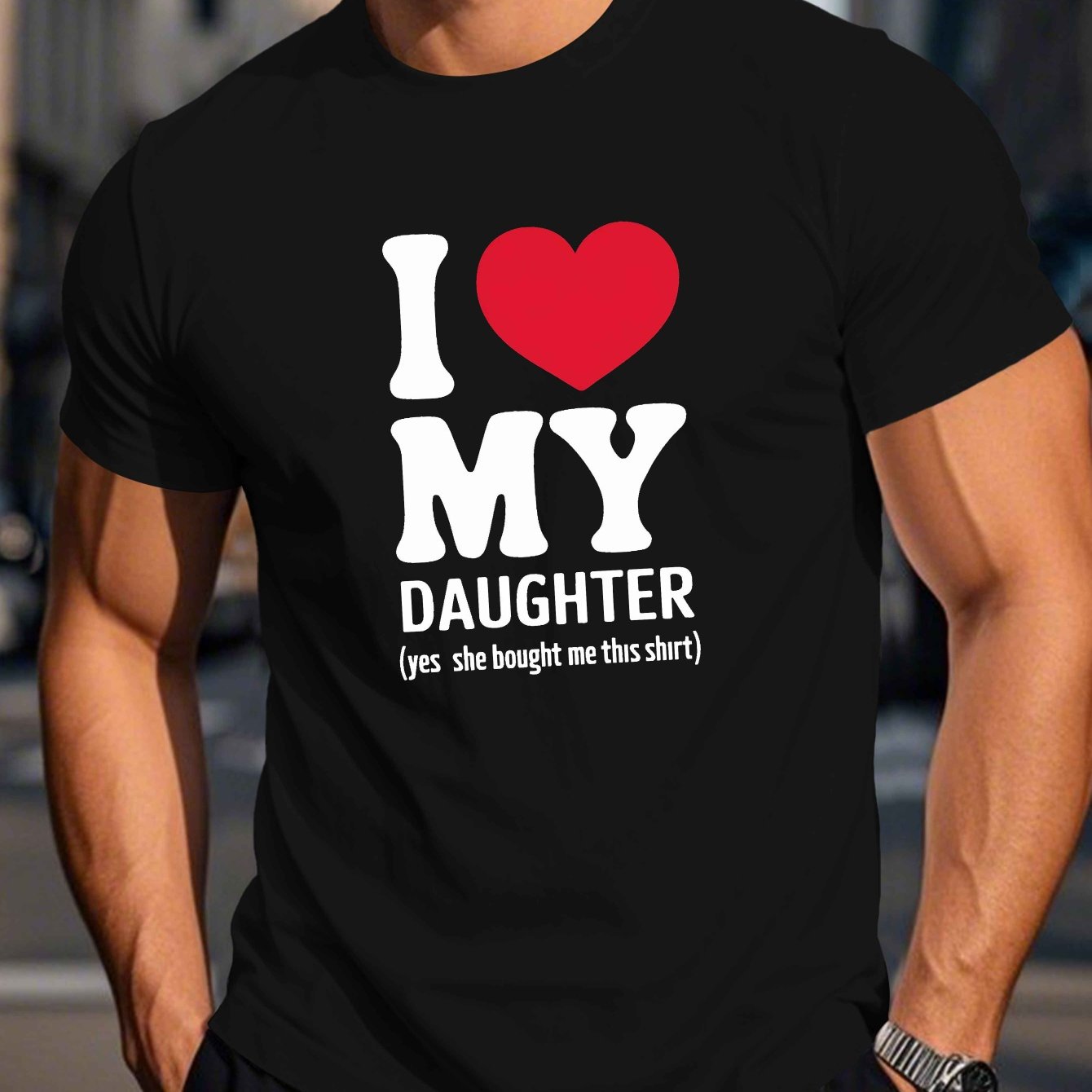 TEMU Men's I My Daughter Short Sleeve T-shirt - Casual Summer Round Neck Top With Parent, Machine Washable Comfortable Casual Attire For Fathers &