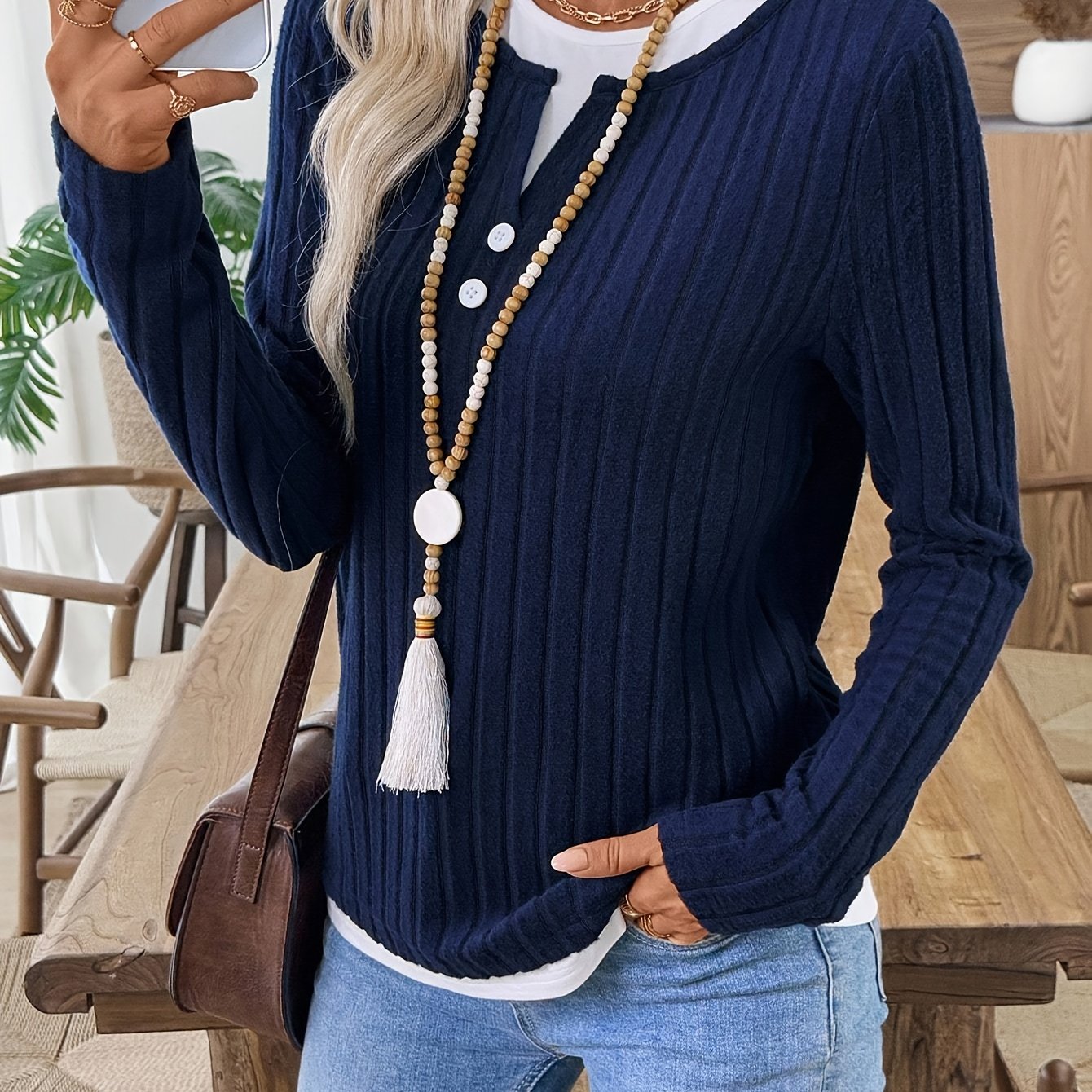 TEMU Women's 2 Piece Indigo Striped Long Sleeve T Shirt Autumn Top ( Two-piece Design)
