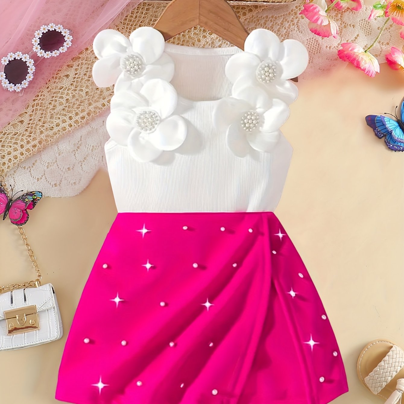 Image of Girl's Elegant Style Jumpsuit Striped Top Featuring 4 Large Floral Decorations On , With A Skirted Bottom And Beaded Design, Perfect For Party Occasions. Product Are As Per Below, Perfect For Outdoor