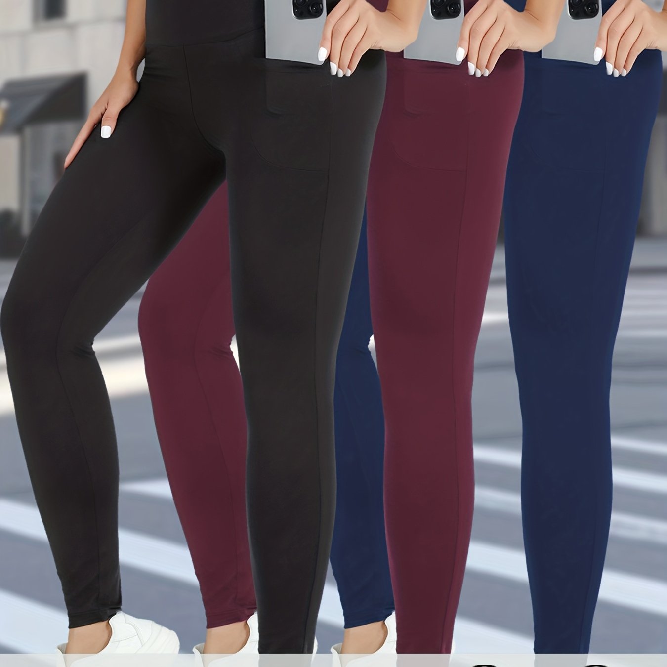Image of 3 Pack Women's High Waisted Tummy Control Leggings With Pockets - Super Soft Running Workout Pants, Gym & Casual Attire, Options (, Navy, Burgundy, Grey, Brown) - Non-slip Waistband & Smooth Texture