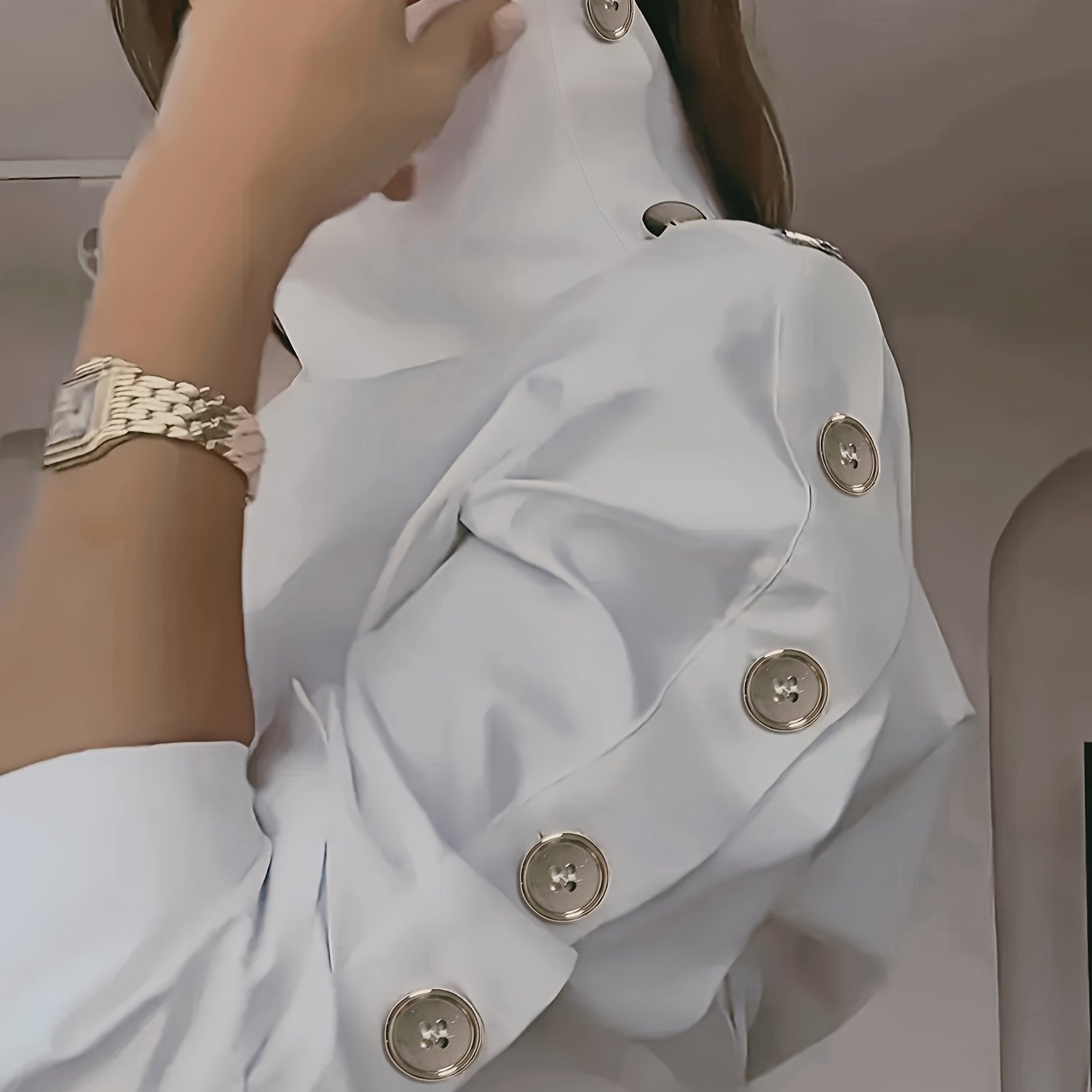 TEMU 우아한 조절 가능한 칼라 여성 셔츠, 단색, 세탁기 사용 가능, 오피스 및 캐주얼 웨어 모두에 적합, 버튼 디테일이 있는 클래식 칼라 특징, 봄 및 가을에 적합