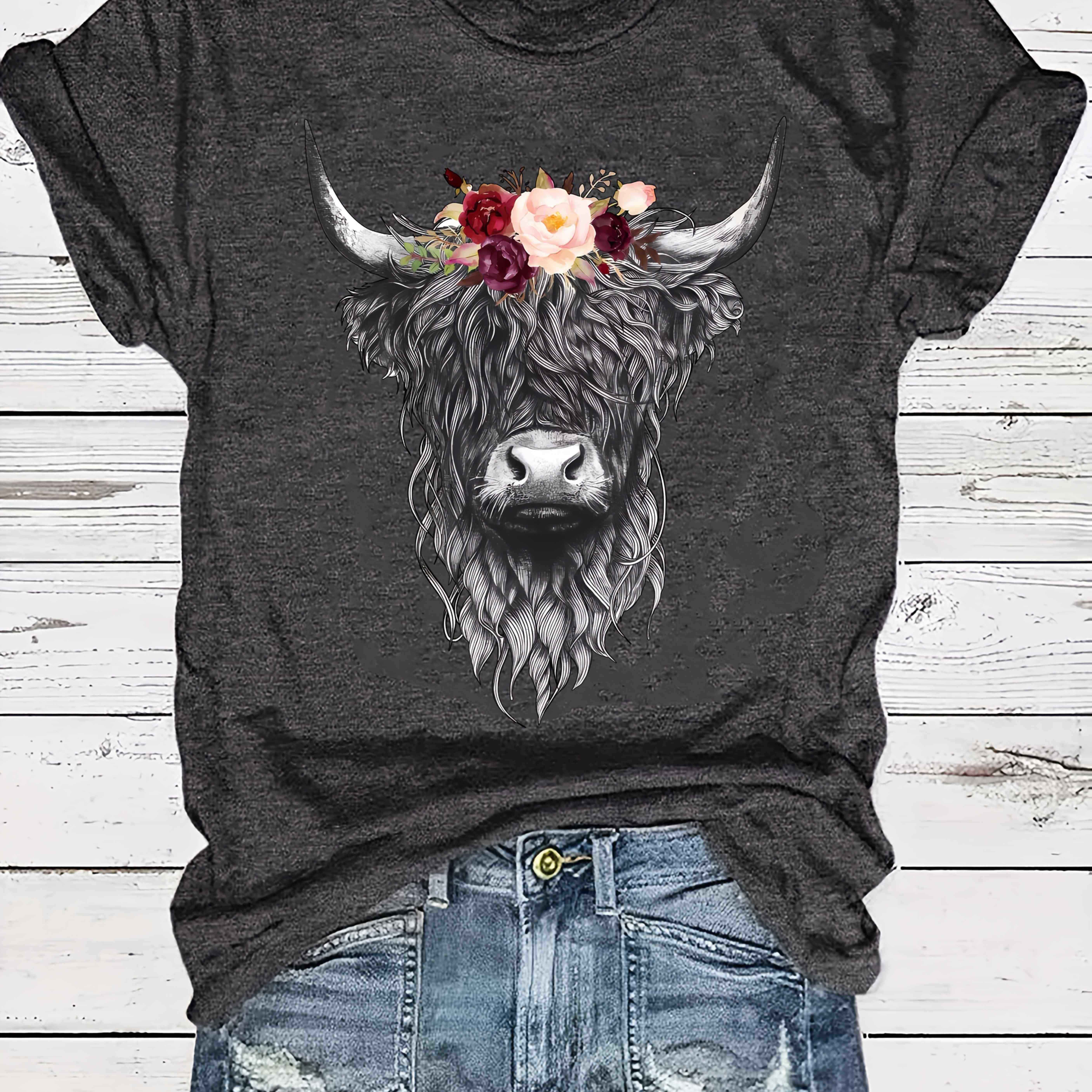 Image of Highland Cow Print Fashionable Casual Short-sleeve T-shirt, Summer , Round Neck Women's Affordable Tee