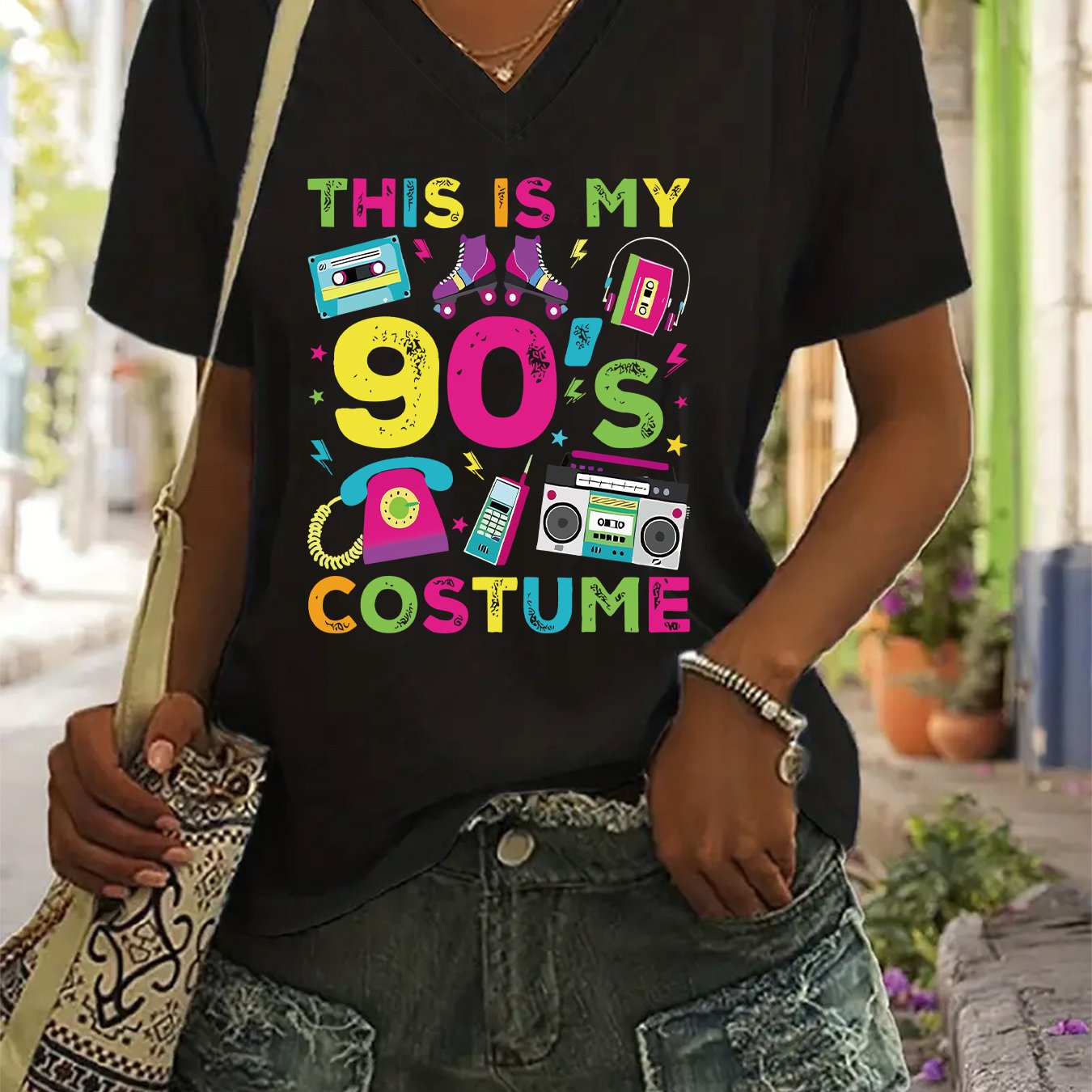 TEMU T-shirt Mode Femme, T-shirt Imprimé Col V, T-shirt Décontracté Femme Col V Manches Courtes