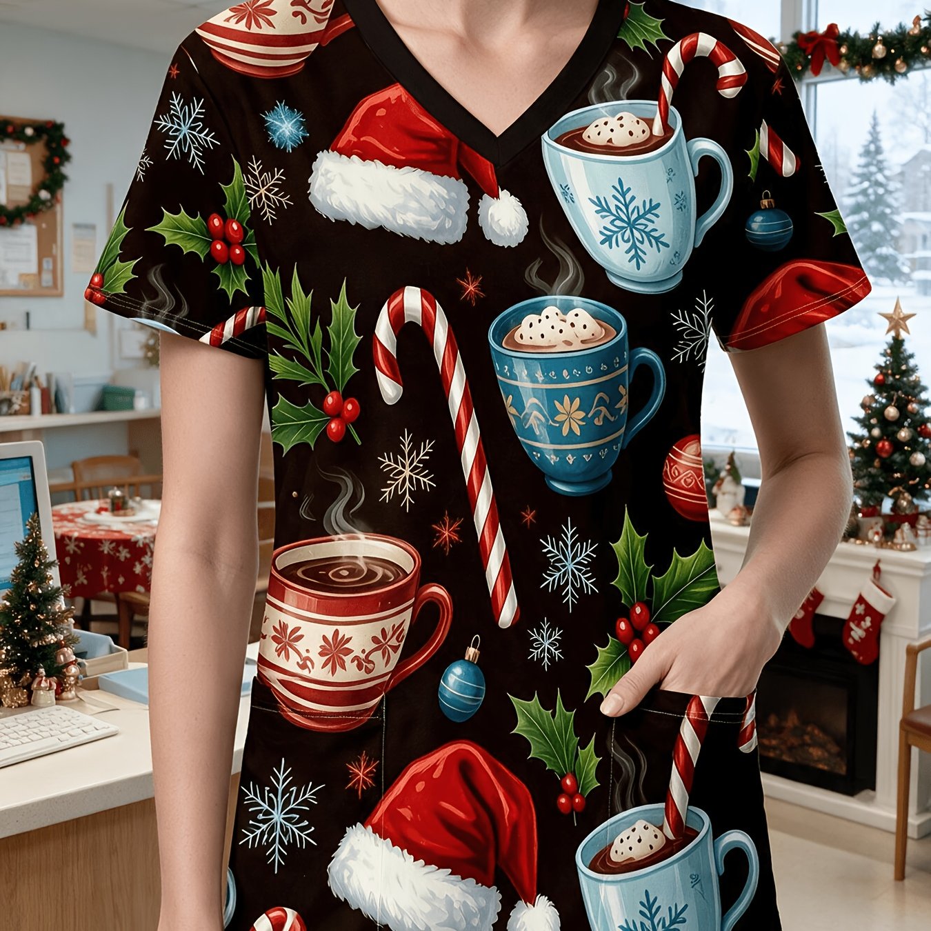 TEMU 1pc Women's Nurse Uniform, Print, , 2-pocket, V-neck, Vintage Christmas Scrub Tops For Women Warm Pattern Scrubs With Candy Cane Santa Hat Print