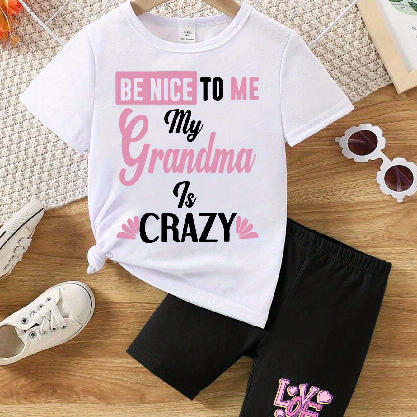 TEMU Oddler Girls Summer Outfit 2pcs Set, Funny "my Grandma Is Crazy" Cartoon Print Short Sleeve T-shirt + Casual Shorts, Kids Breathable Clothes
