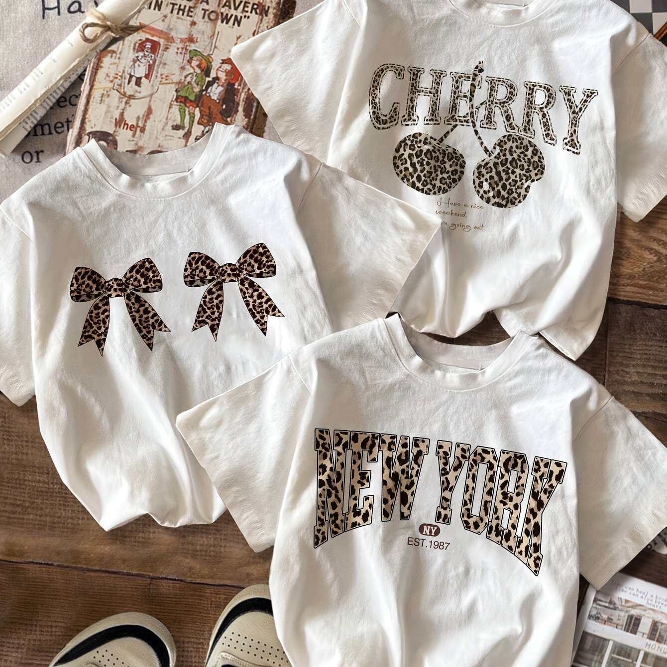 TEMU 3pcs Set Casual Minimalist Leopard Print Round Neck Short Sleeve Cropped Tight T-shirts, Summer For Women