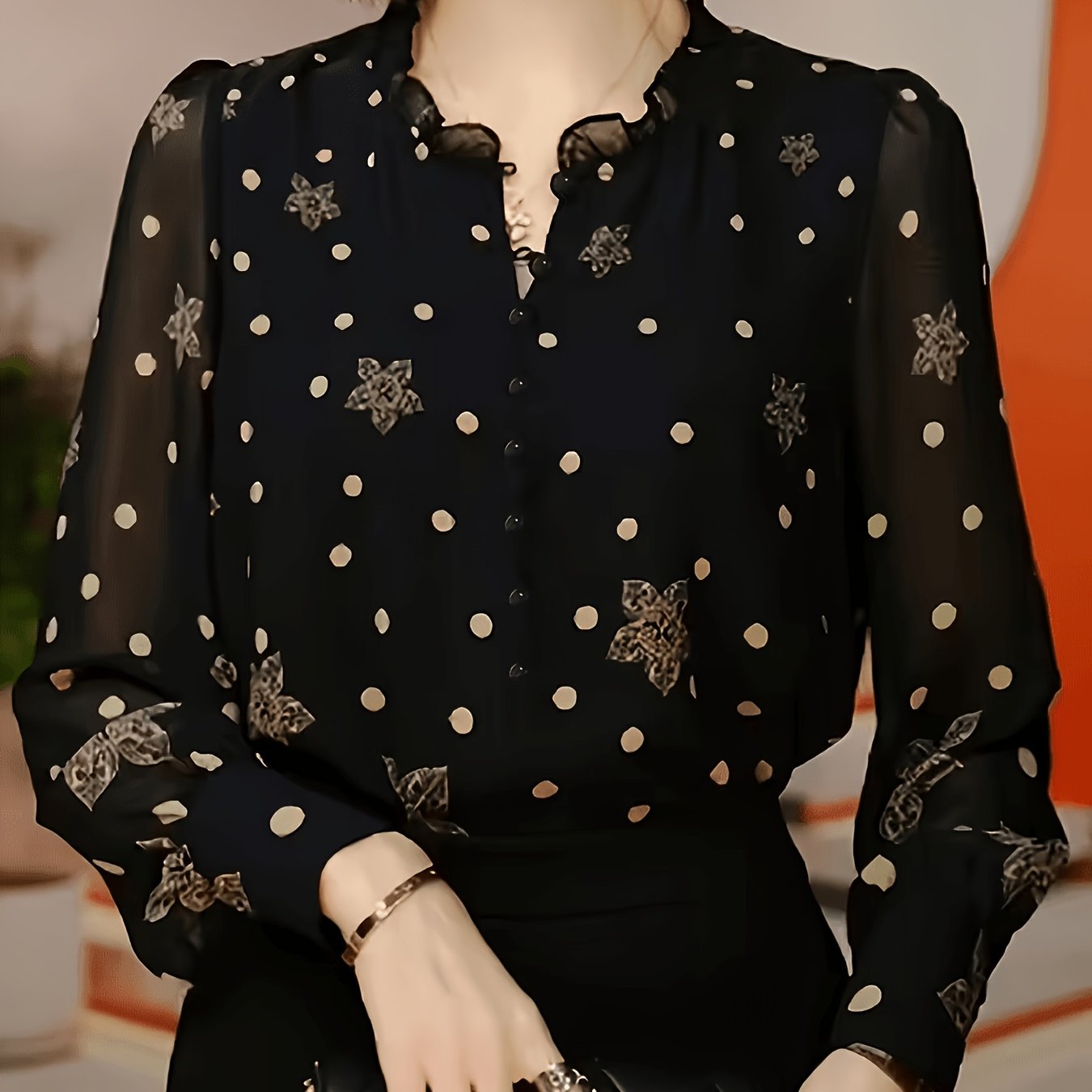 TEMU Exquisite Polka Dot Printed Lace Trim Fashion Mom Shirt