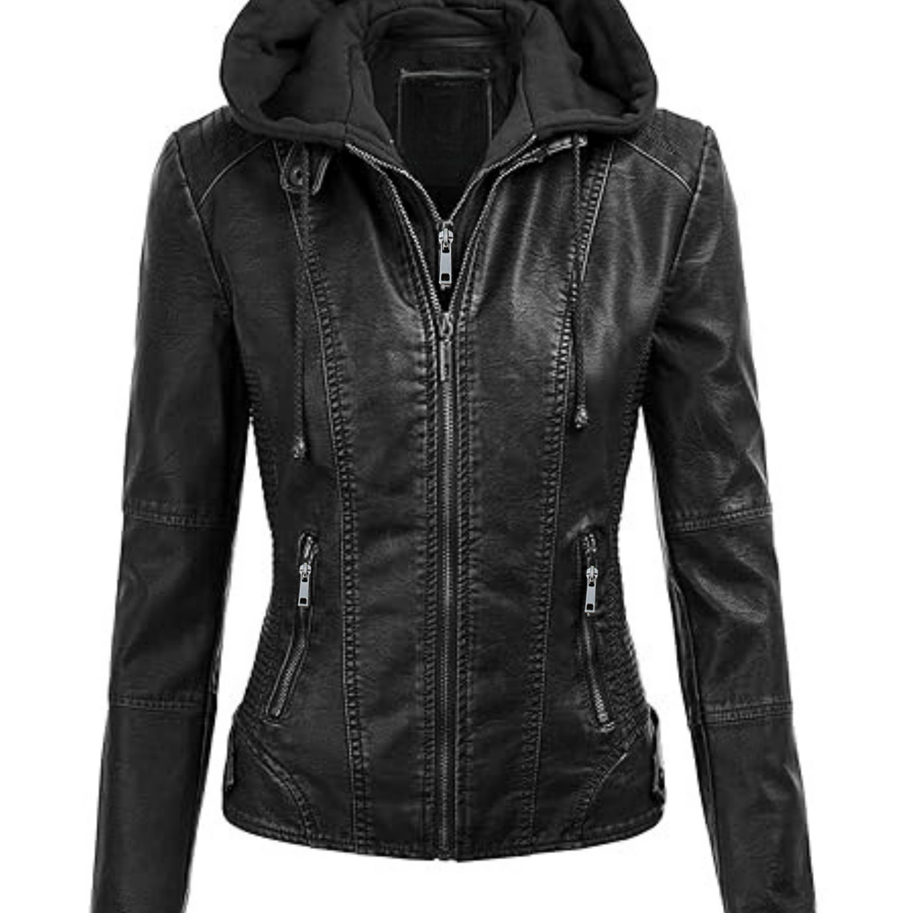 Image of In-stock/women's Jacket Outerwear For Autumn/winter Wear, Hooded Jacket With Detachable Hood, Pu Motorcycle Jacket