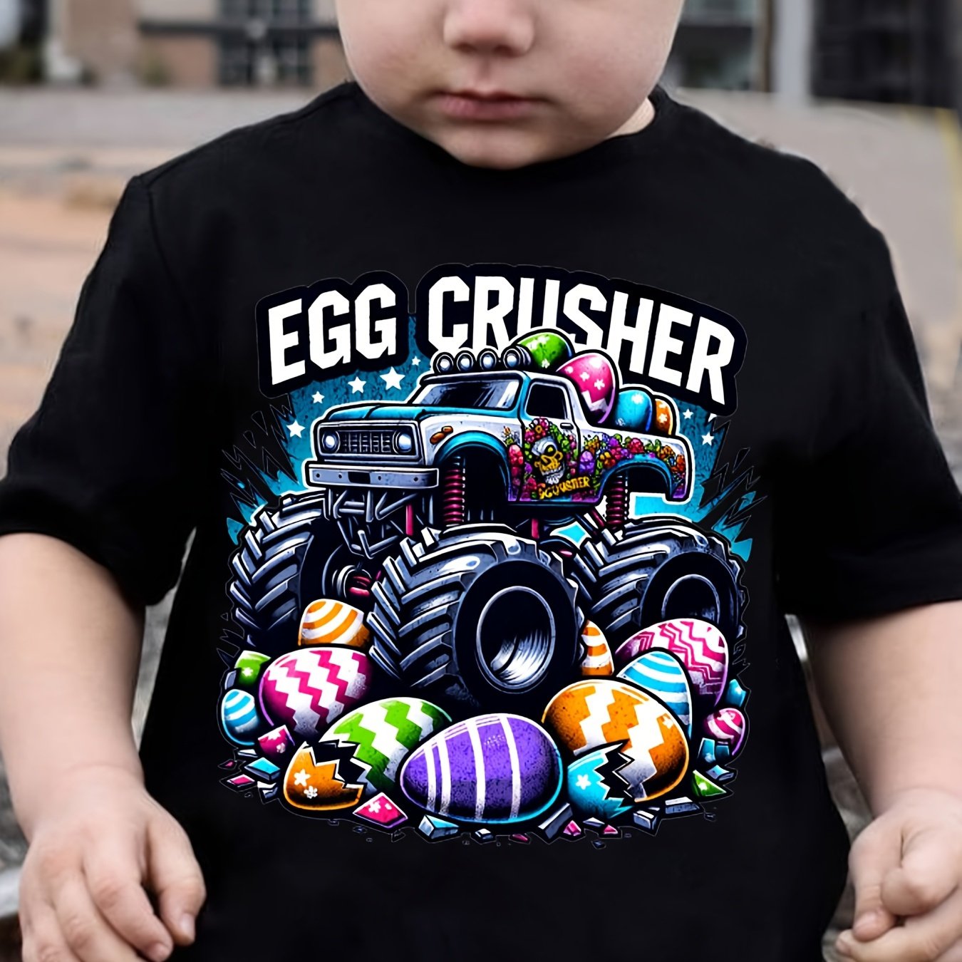 TEMU Boys' Cotton T-shirt "egg Crusher"print For Comfortable And Casual Round Neck Short Sleeves