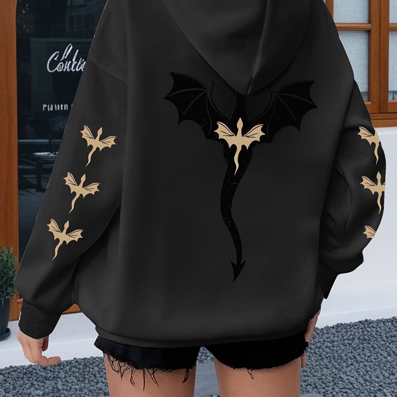 TEMU Plus Size, Women's Casual Sweatshirt, Black And Golden Flying Dragon Print, Plus Size Women's Hooded Sweatshirt