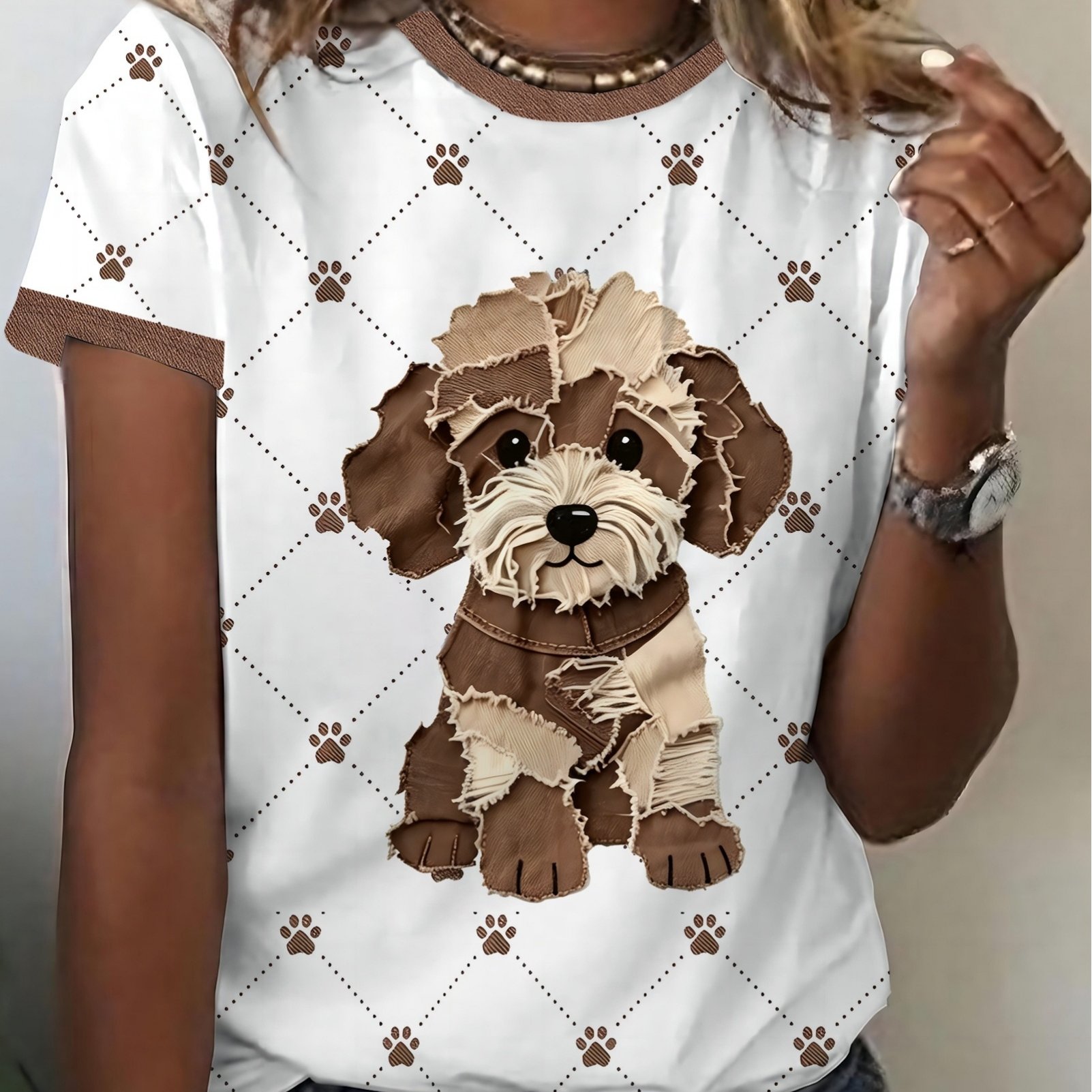 TEMU [printed Design â Not Textured] Women's Summer Round Neck Short Sleeve T-shirt With Cute Paw Print, Breathable And , Simple And Chic Contrast