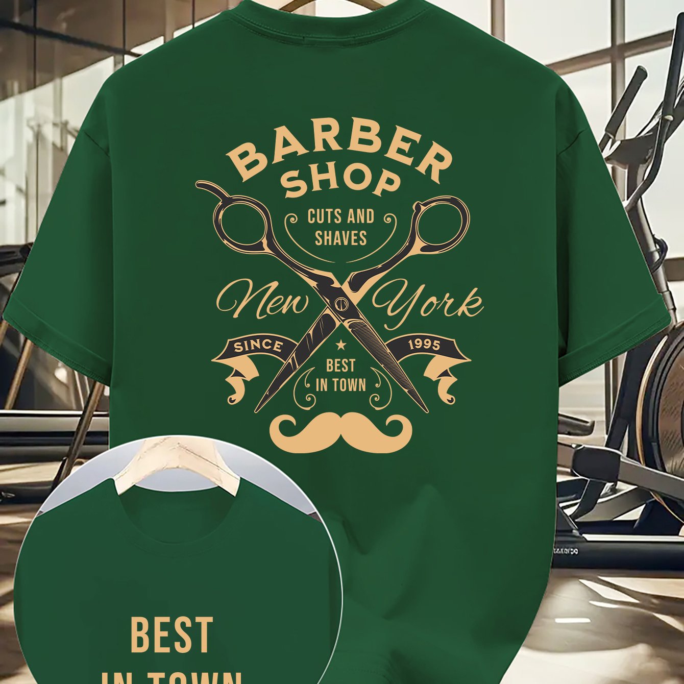 TEMU Men's Casual Short Sleeve T-shirt With Unique Barber Shop Print - Regular Fit, Stretch, Round Neck, Wear, Green With Golden Lettering, Everyday