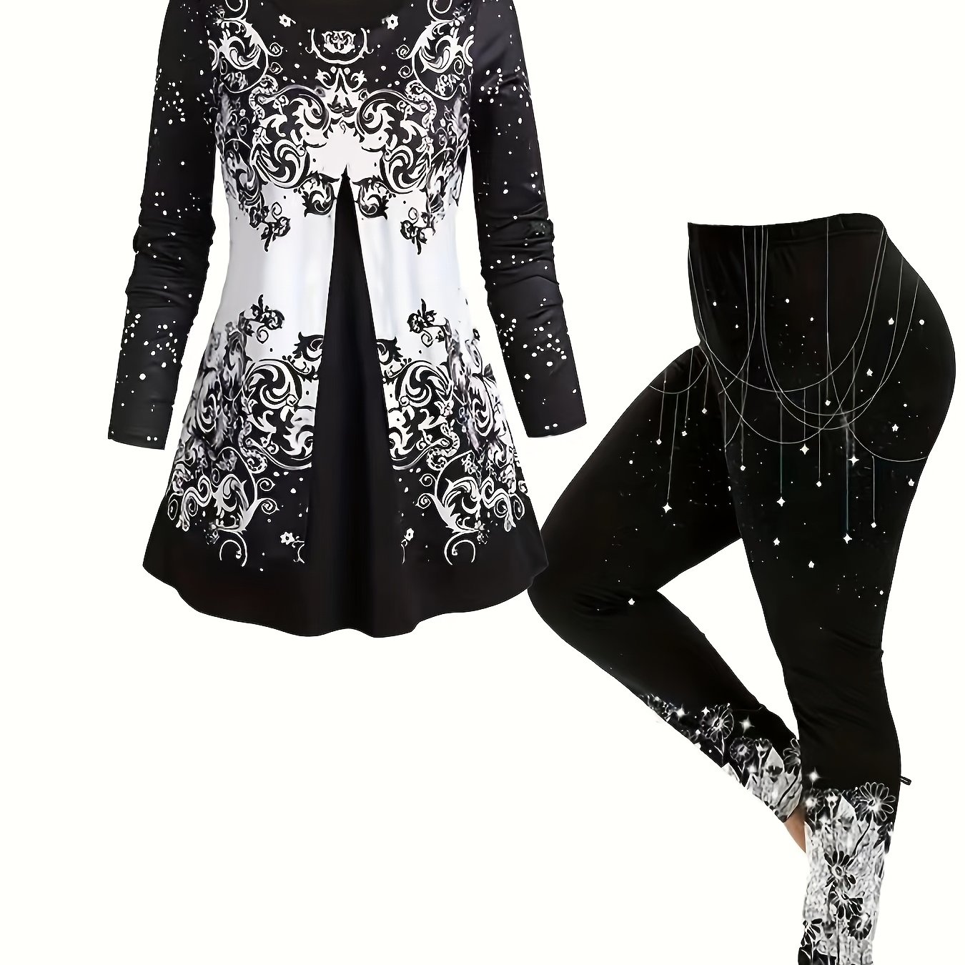 Plus Size - Plus Size - Vacation Directional Women's Top Set Floral Print Long Sleeve Neck Casual Outing Winter Autumn Women's Clothing Set