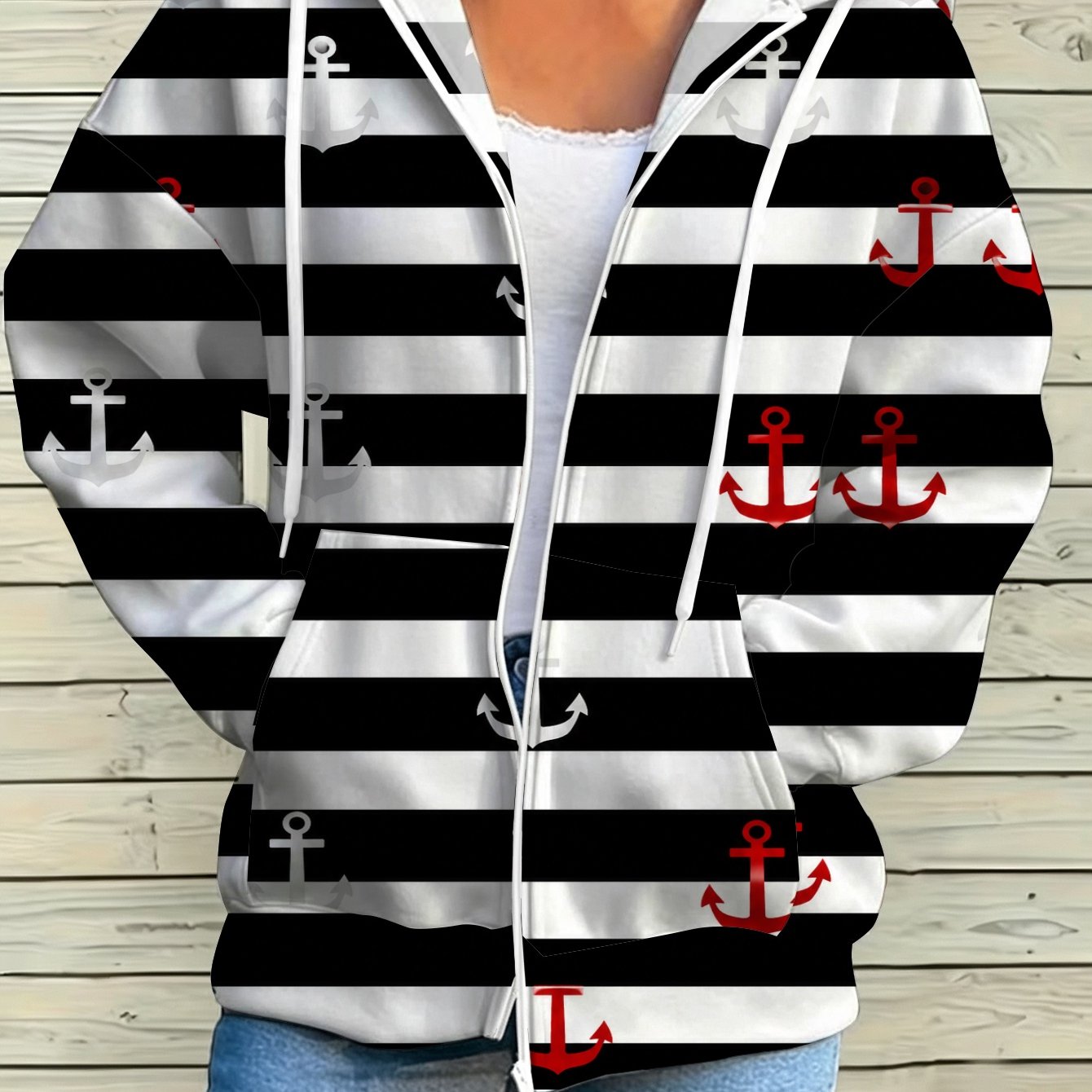 Image of Plus Size Nautical Anchor Striped Print Zipper Hooded Sweatshirt Beach Casual Autumn Winter Long Sleeve Cardigan Coat