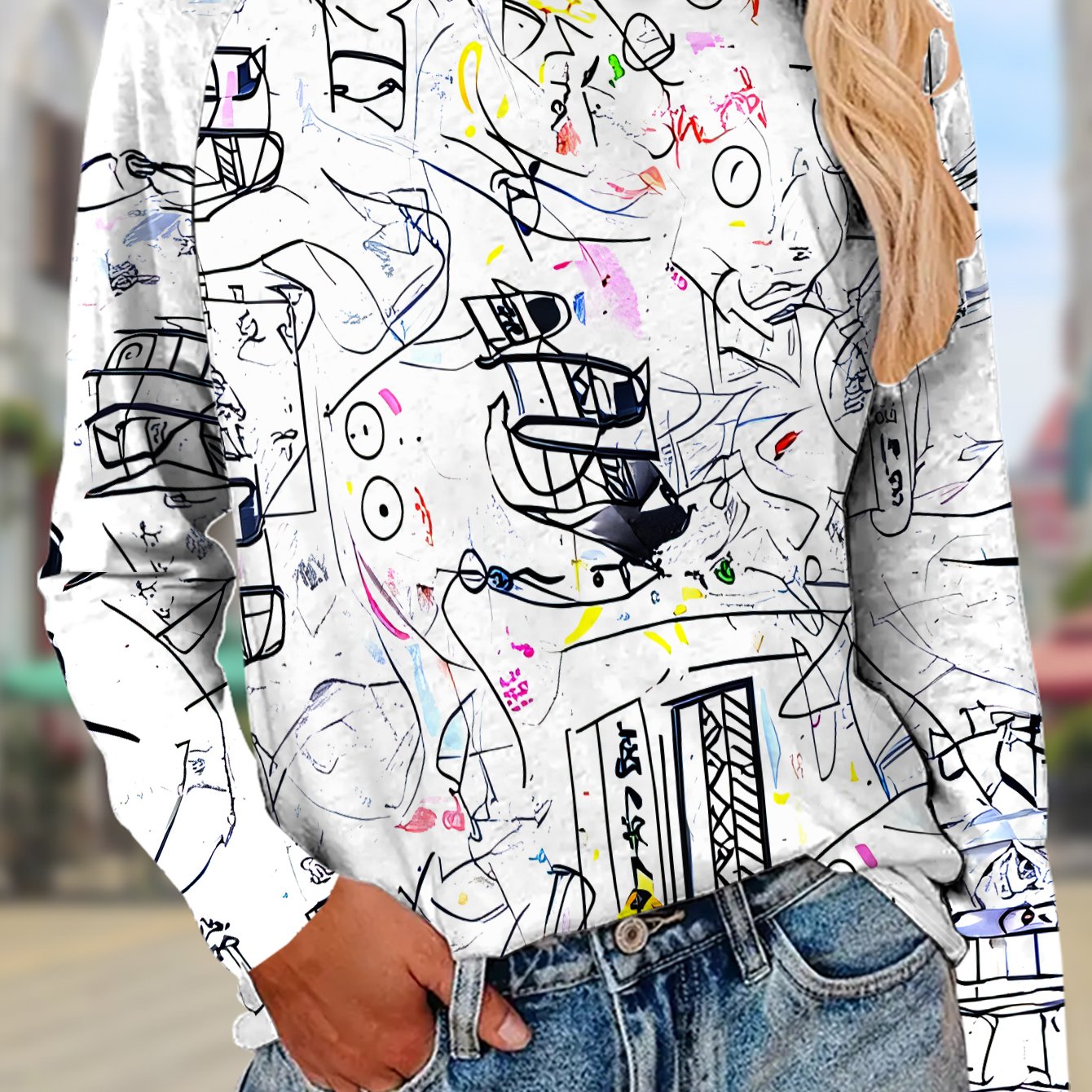 TEMU Women's Long Sleeve T-shirt With Abstract Art Graffiti Print, Fashionable And Versatile Casual Top, Base Layer, Ins-style, New , Machine