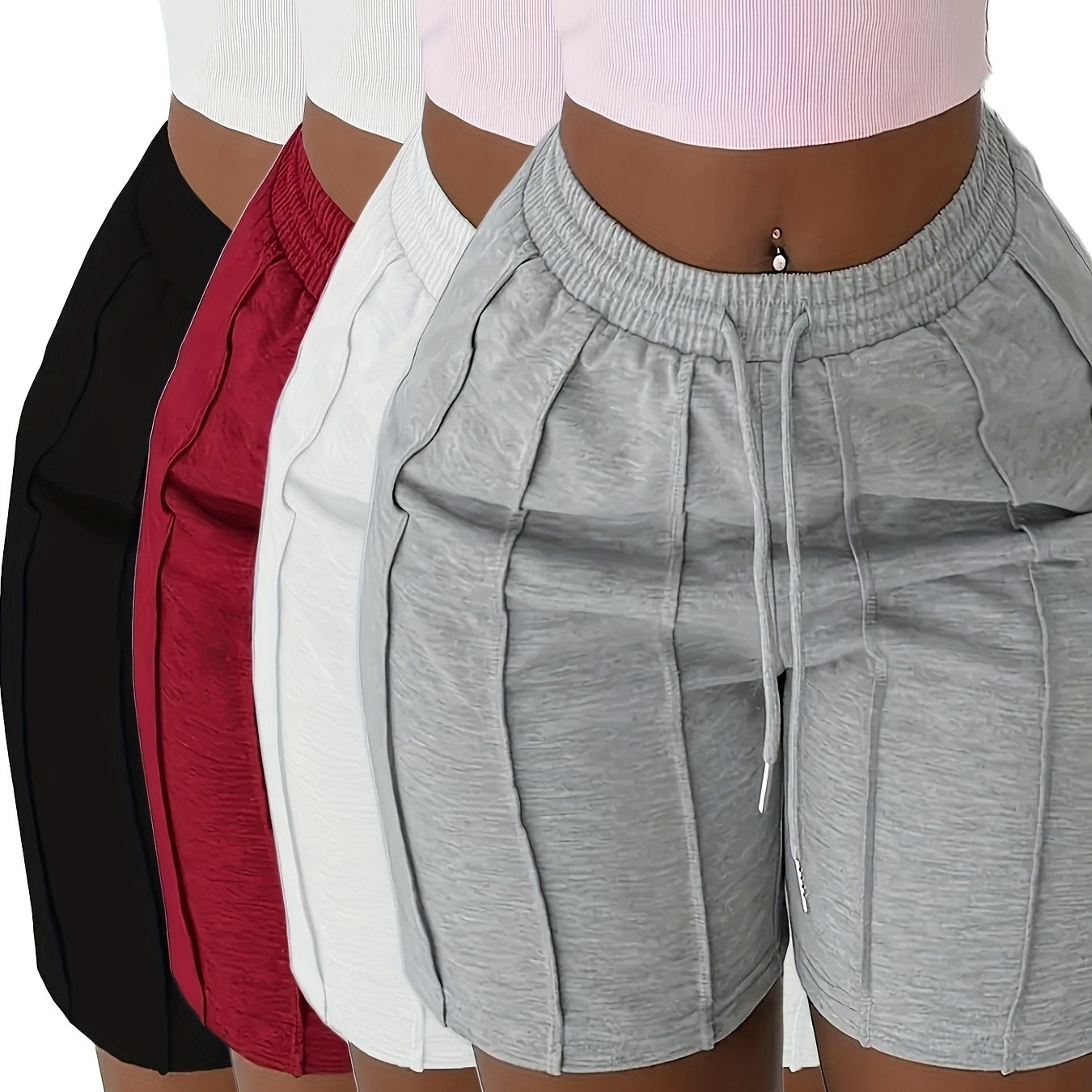 TEMU Plus Size, (4pcs 97894 Solid Color Drawstring Shorts, Casual Elastic Waistband, Spring/summer Women's Wear, , Spring/summer/autumn)