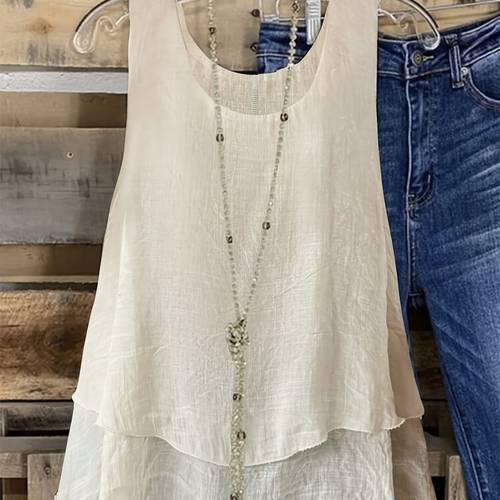 womens plus size sleeveless elegant top lightweight breathable blue round neck vest machine washable spring summer casual wear elegant collection sophisticated design textured fabric