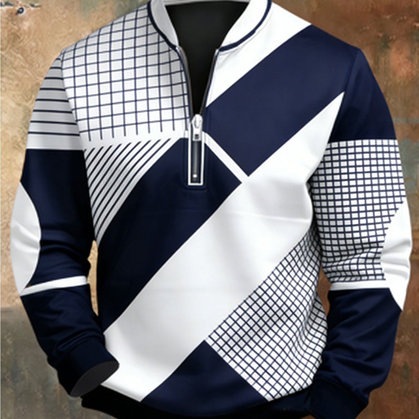 TEMU Men's Printed Long Sleeve Shirt Half-zip Collar Design, Durable And Comfortable Fabric, Regular Fit, Fashionable Plaid And Geometric , Suitable