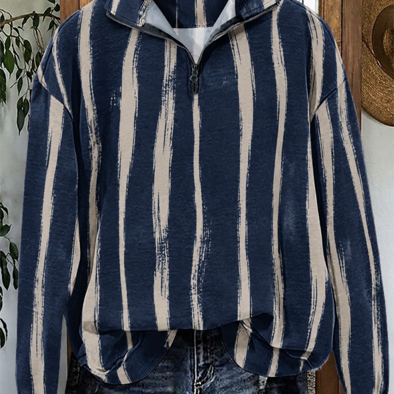 Image of Plus Size, Plus Size Women's Vintage Striped Half Zip Sweatshirt Fall White Print Long Sleeve Casual Everyday Top