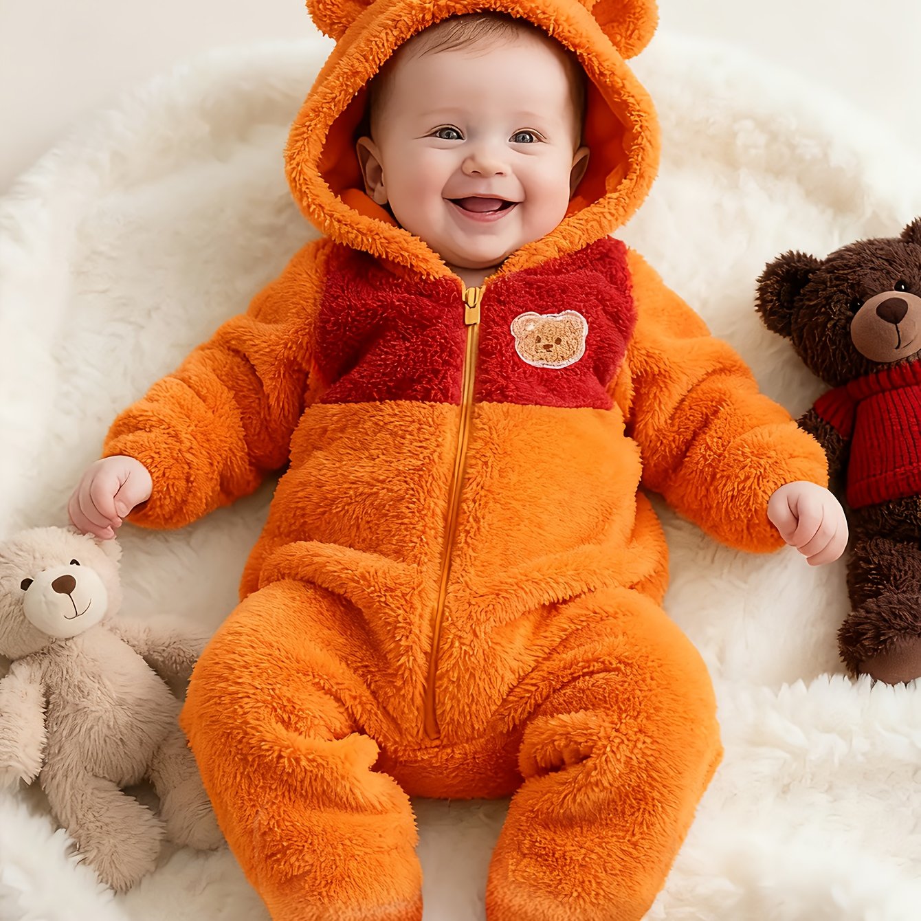 Image of Newborn Baby Autumn Winter Contrasting Faux Fur Hooded Jumpsuit With Cute Little Bear Emblem, Fashionable Baby Outfit, A Cute Gift For Babies, For Outdoor