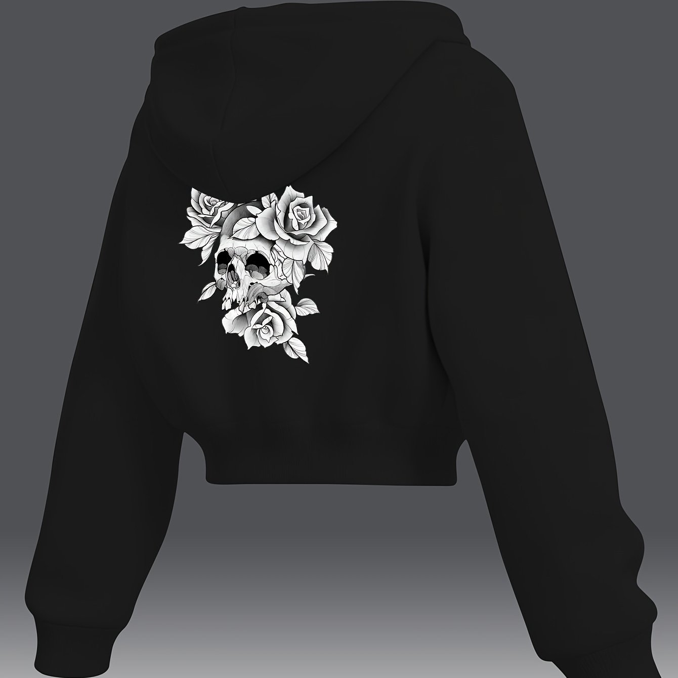 TEMU Autumn/winter Women's Cropped Hooded Sweatshirt, New Dark Gothic Style Skull And Rose Print, Women's Cropped Slim Fit, Thickened For