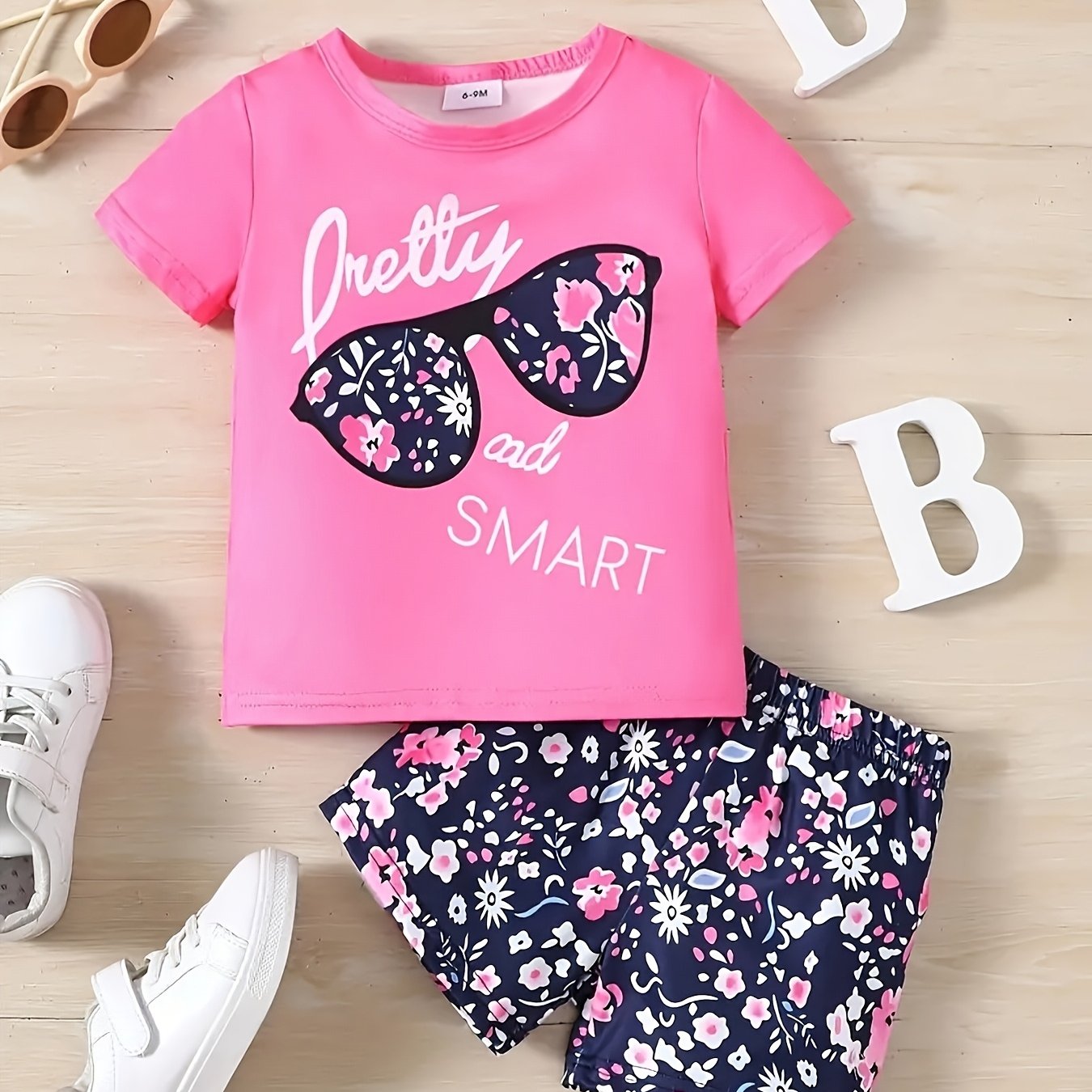 Image of & Toddler Girl's Round Neck Cartoon Print Top And Floral Print Shorts Cute 2pcs Set, Perfect For Outdoor