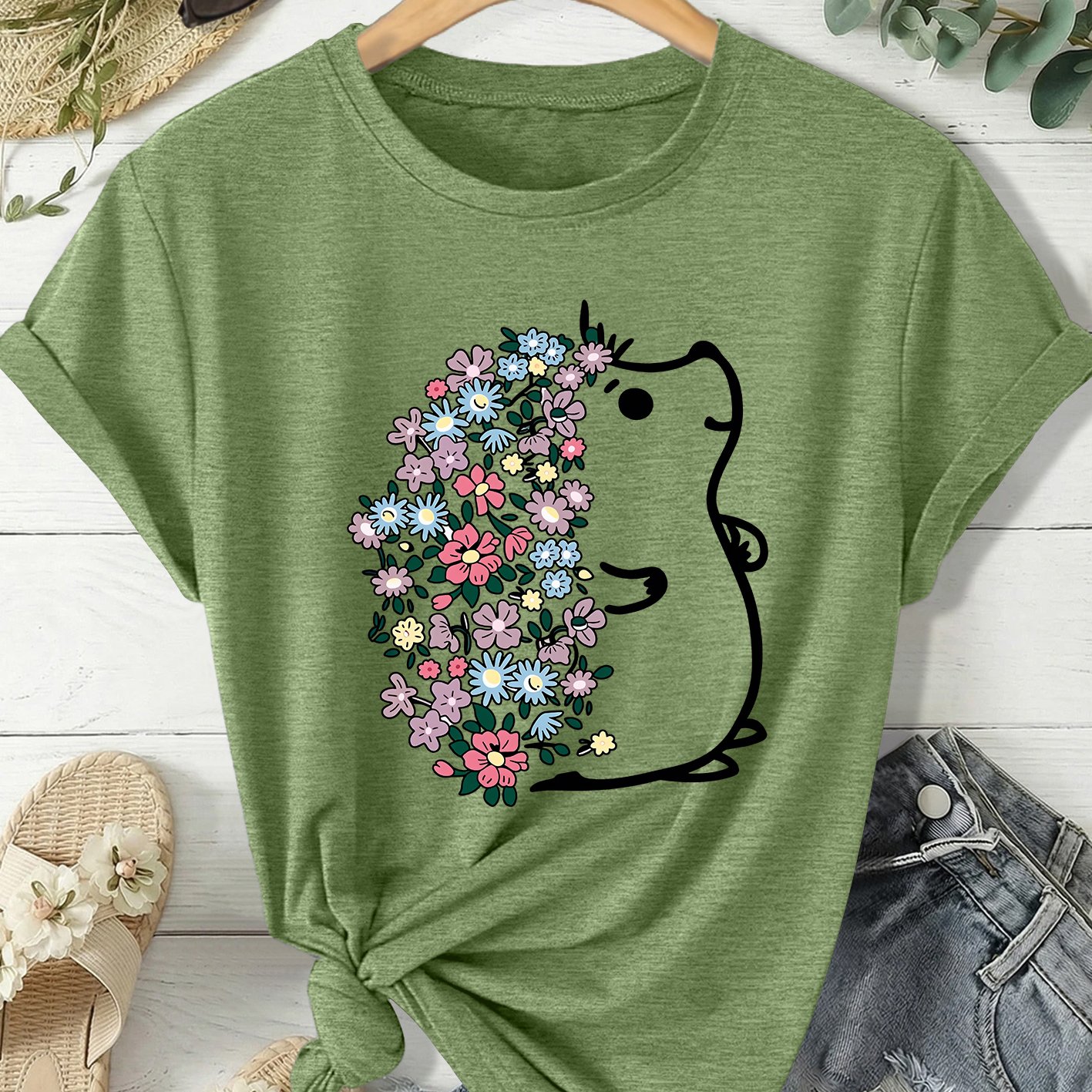 TEMU Spring And Summer Women's Short-sleeved T-shirt Easy Line Art Hedgehog Pattern Print Round Neck Casual Loose Size T-shirt Fashion Casual Daily