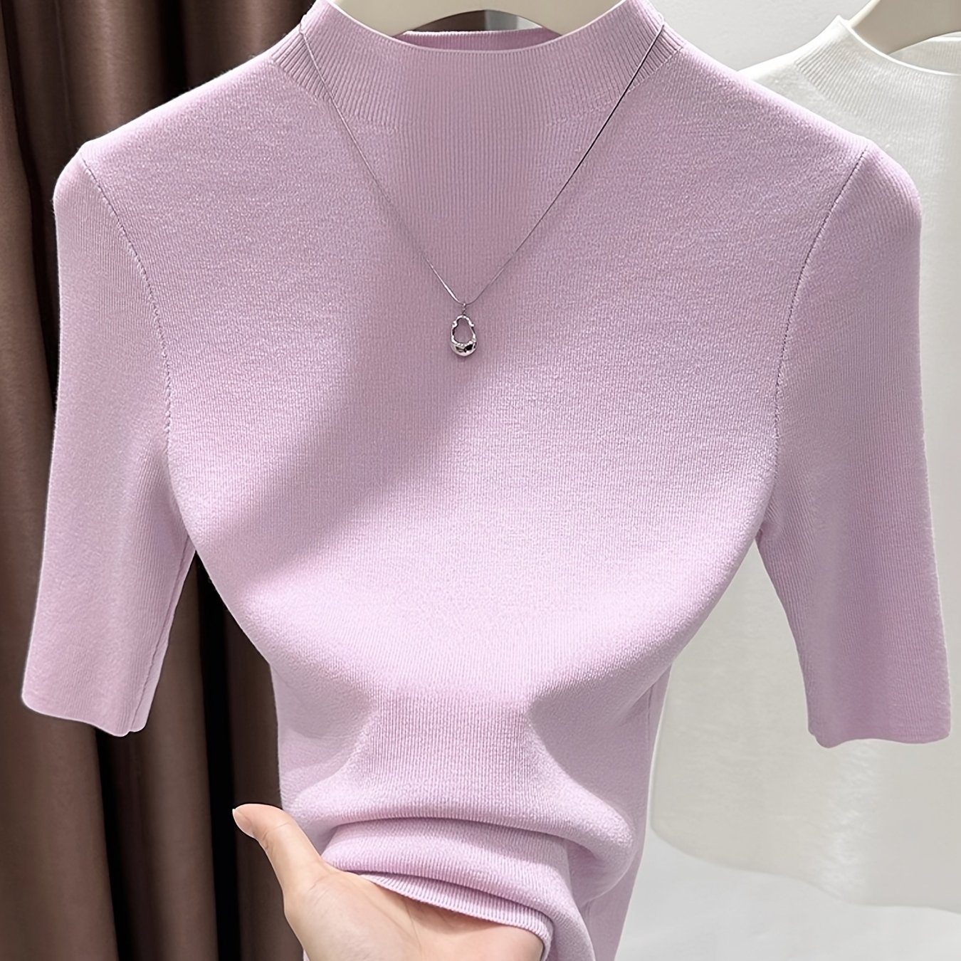 2025 Spring And Autumn -friendly Semi-high Collar Five-sleeve Base Shirt Women's Slim Thin Mid-sleeve Temperament Top