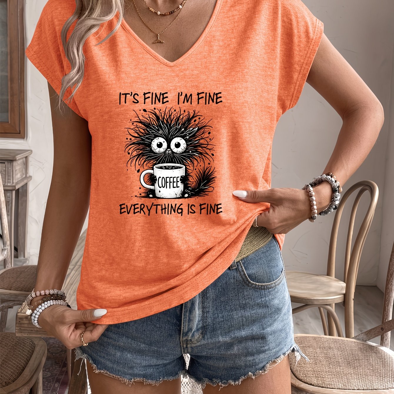 TEMU A Frizzy-haired, -looking Cat Holding A Coffee Cup, With An " Fine " Slogan Print On A V-neck, Colored Sleeveless T-shirt. Suitable For Daily ,