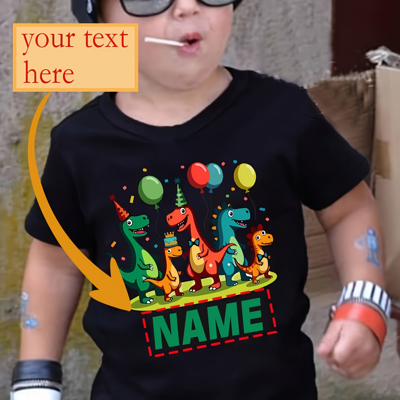 Customizable Boys' T-shirt Featuring Birthday Dinosaur And Balloon Print | Stylish For Parties, Crew Neck, Short Sleeves, Perfect As A Gift, Casual Summer Top For Children