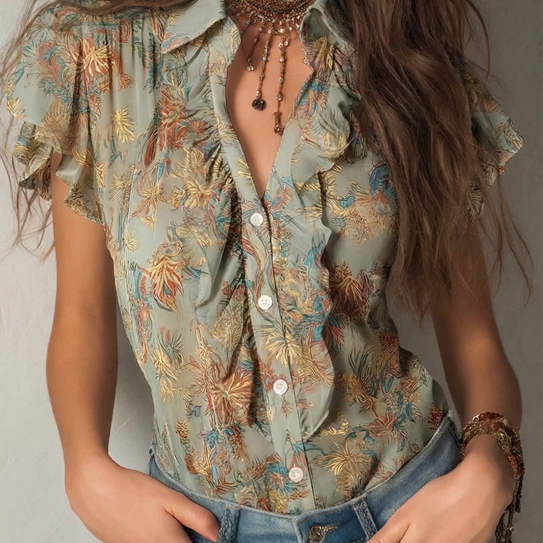 TEMU Vintage Designer Holiday- Sheer Chiffon Printed Ruffle Short-sleeve Blouse For Women   Nian Nian