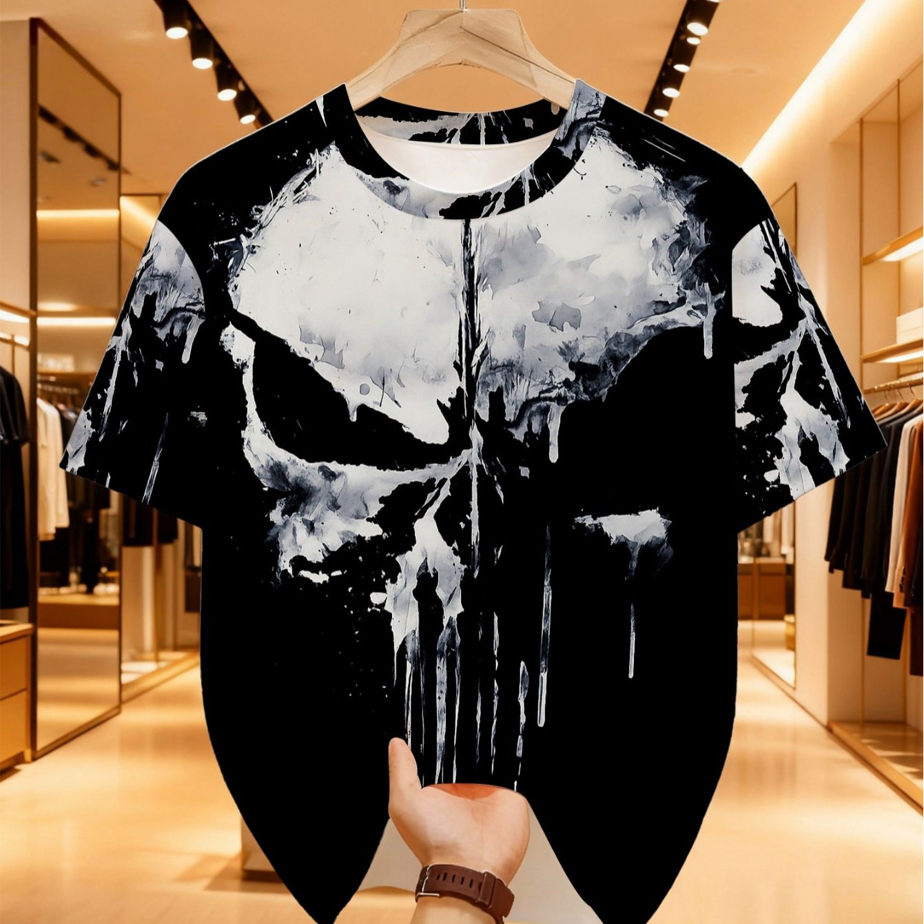 TEMU Men's Black Casual T-shirt With Skull Graphic And White Drip Design, Fabric, Regular Fit, Stretch, Perfect For Casual Attire, Skull Print,