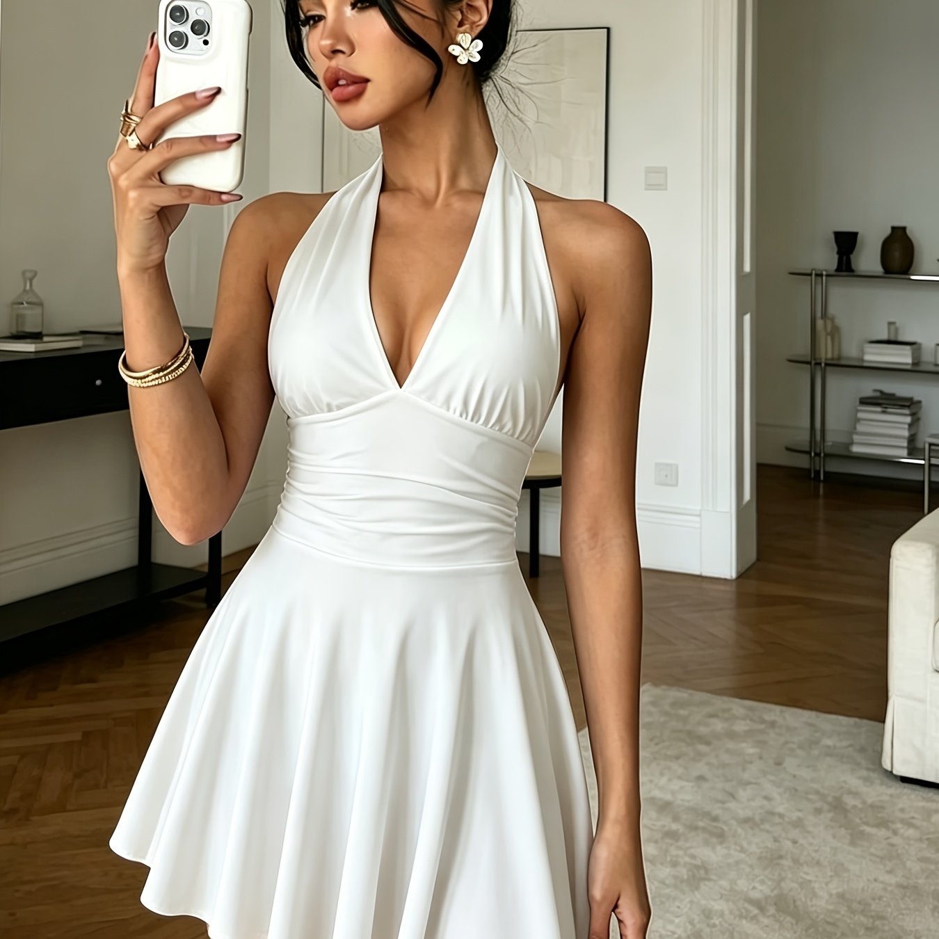 Image of 2025 Western Cross-border Women's V-neck Tight Pleated Short Skirt, Sexy Backless Sleeveless Tie Dress 1pc