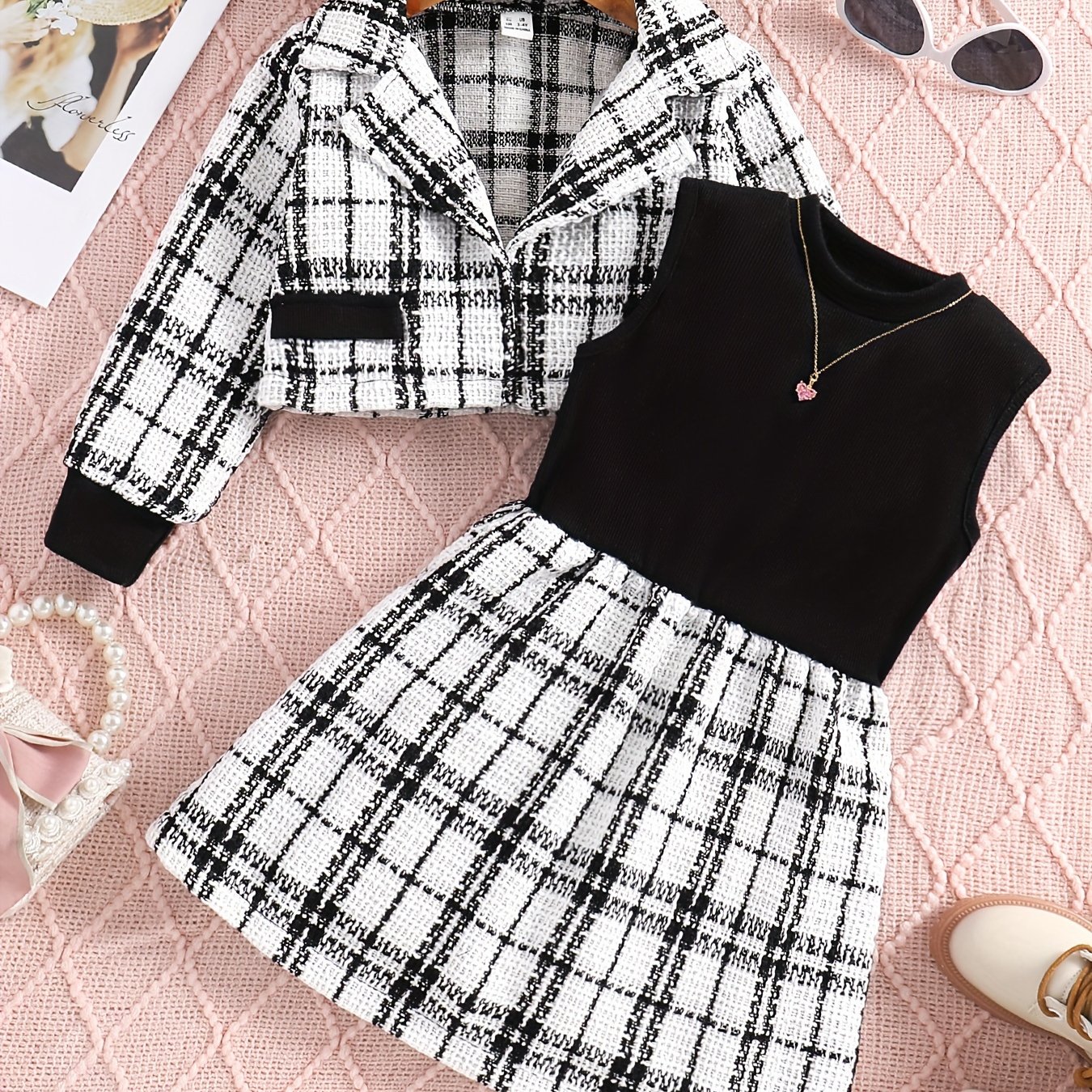 Image of Girls' Fashion Autumn Vest Round Neck Dress Set Spring Outfit Lapel Long-sleeved Coat Two-piece Set, For Outdoor