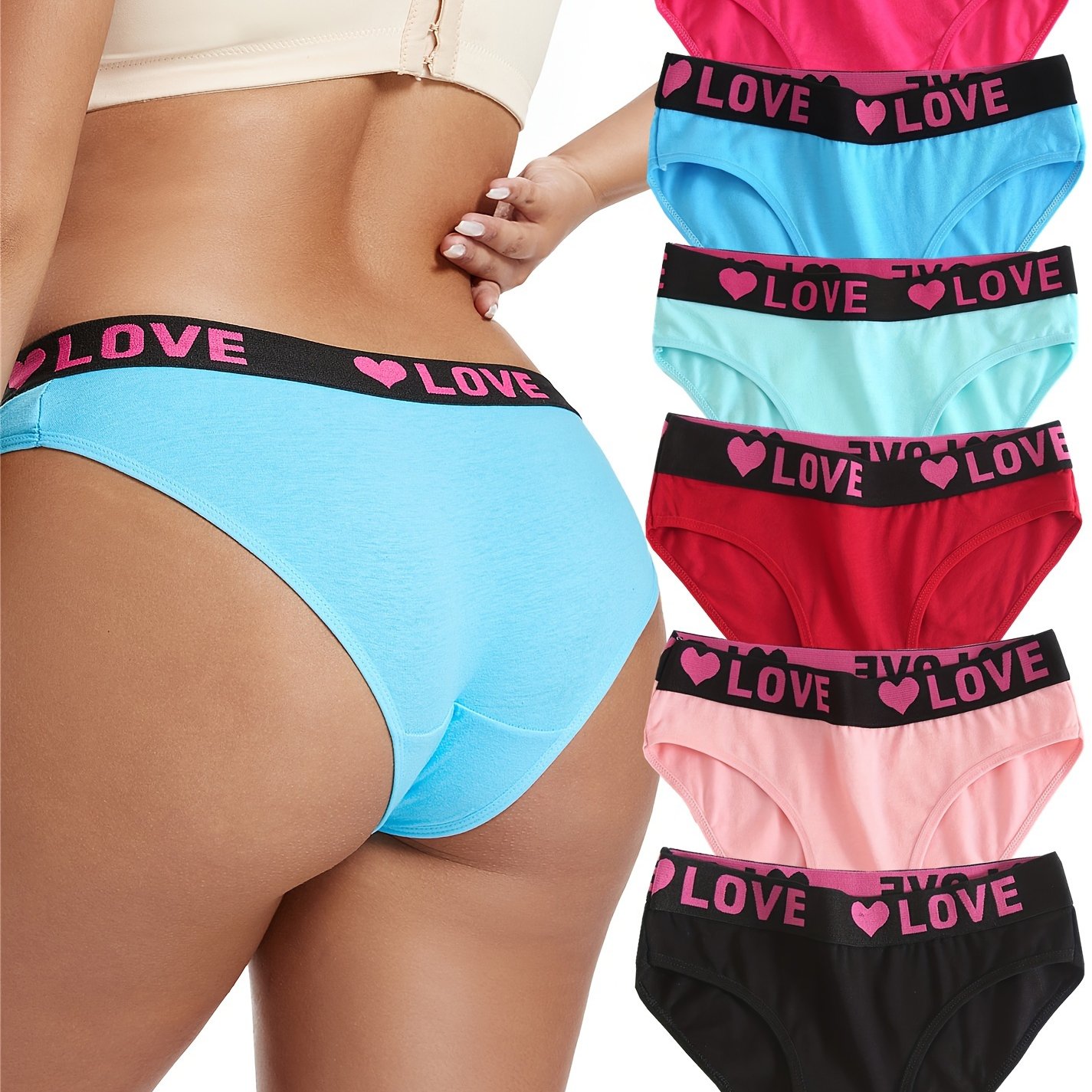 6- Size Breathable Women's Panties, Letter Heart Print Triangle Bottoms