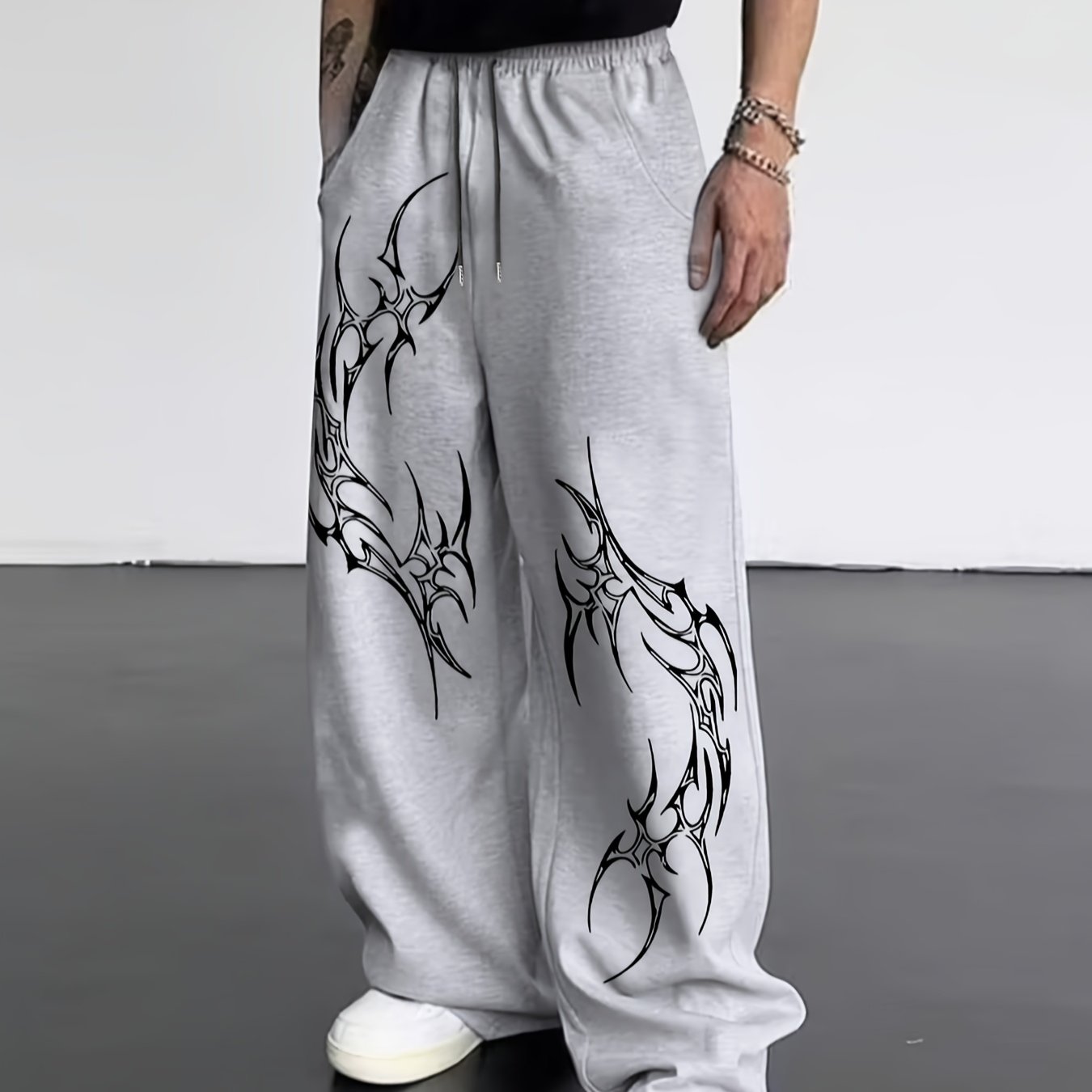 TEMU Men's Athletic Pants With A Unique Gothic-style Pattern Print, Featuring An Elastic Waist With Drawstring, Comfortable Long Pants, Ideal For