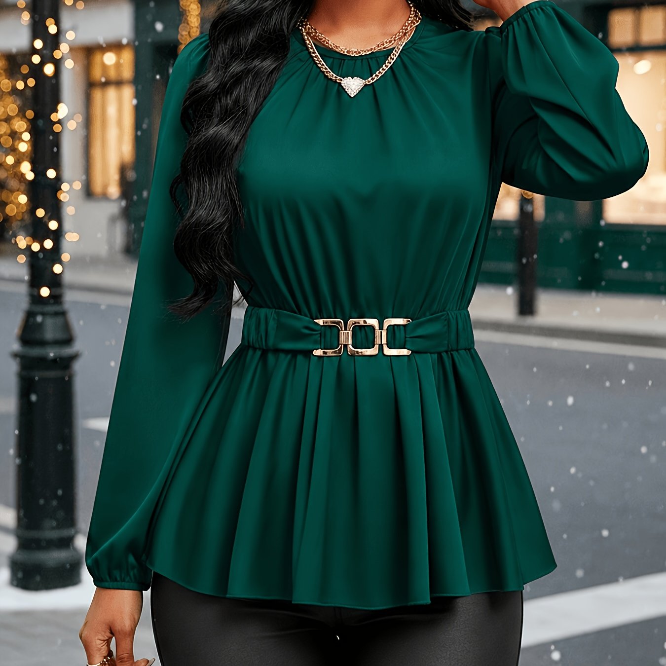 TEMU Women's Christmas Elegant Solid Color Crew Neck Blouse - Ruched Chest & High-waisted A-line Pullover - Long-sleeve Top