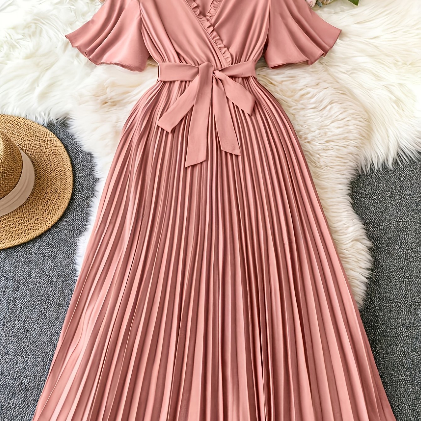 TEMU New Stylish Women's Elegant Solid Color V-neck Tie Dress