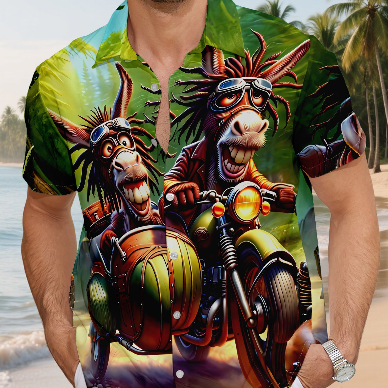 TEMU Hawaiian Shirt Donkey Wearing Goggles Riding A Motorcycle Print Button- Men's Shirt