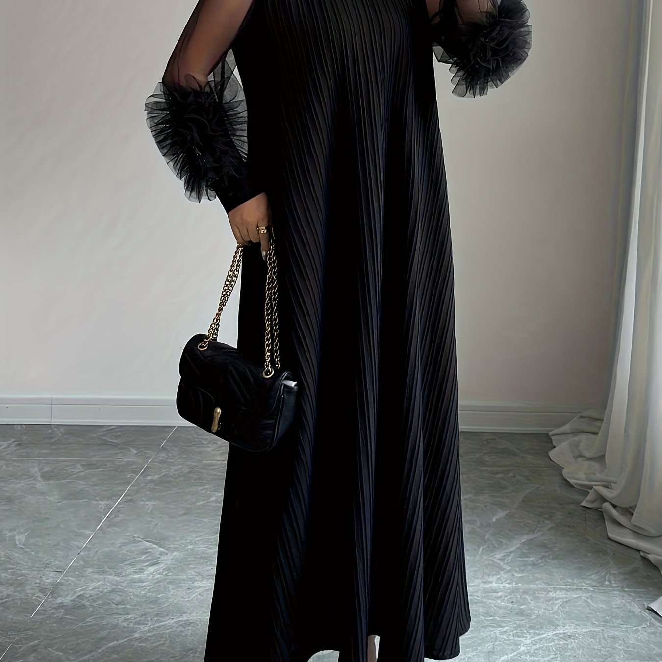 TEMU An 's Long Dress With A Stand Collar, Lantern Sleeves, Textured Fabric, Contrasting Colors, Mesh Embroidery, Loose And , In Solid Black, Machine