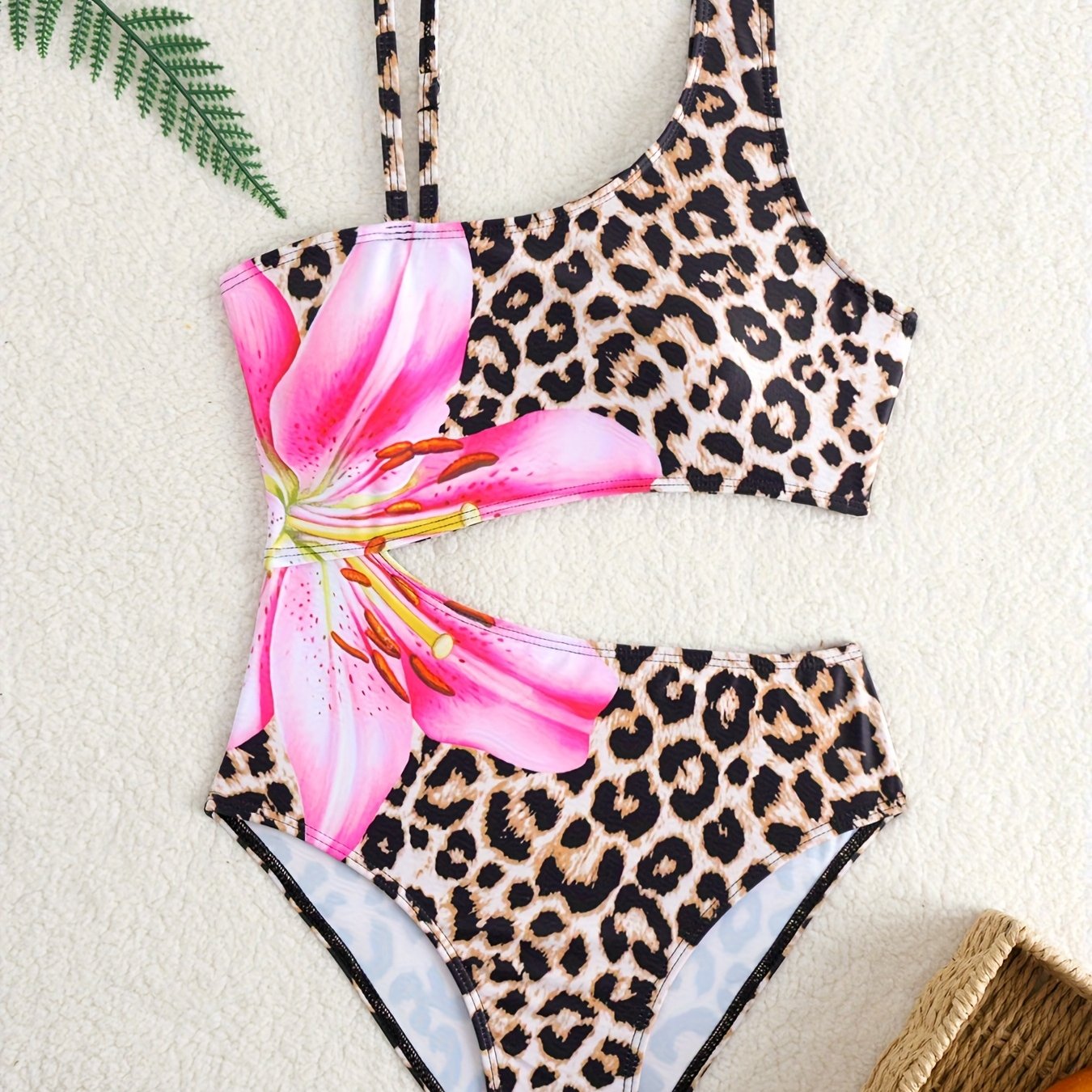 Girl's 1pc Swimsuit With Leopard Print, One-shoulder Asymmetrical Design, Suitable For Vacations Swimming Pool